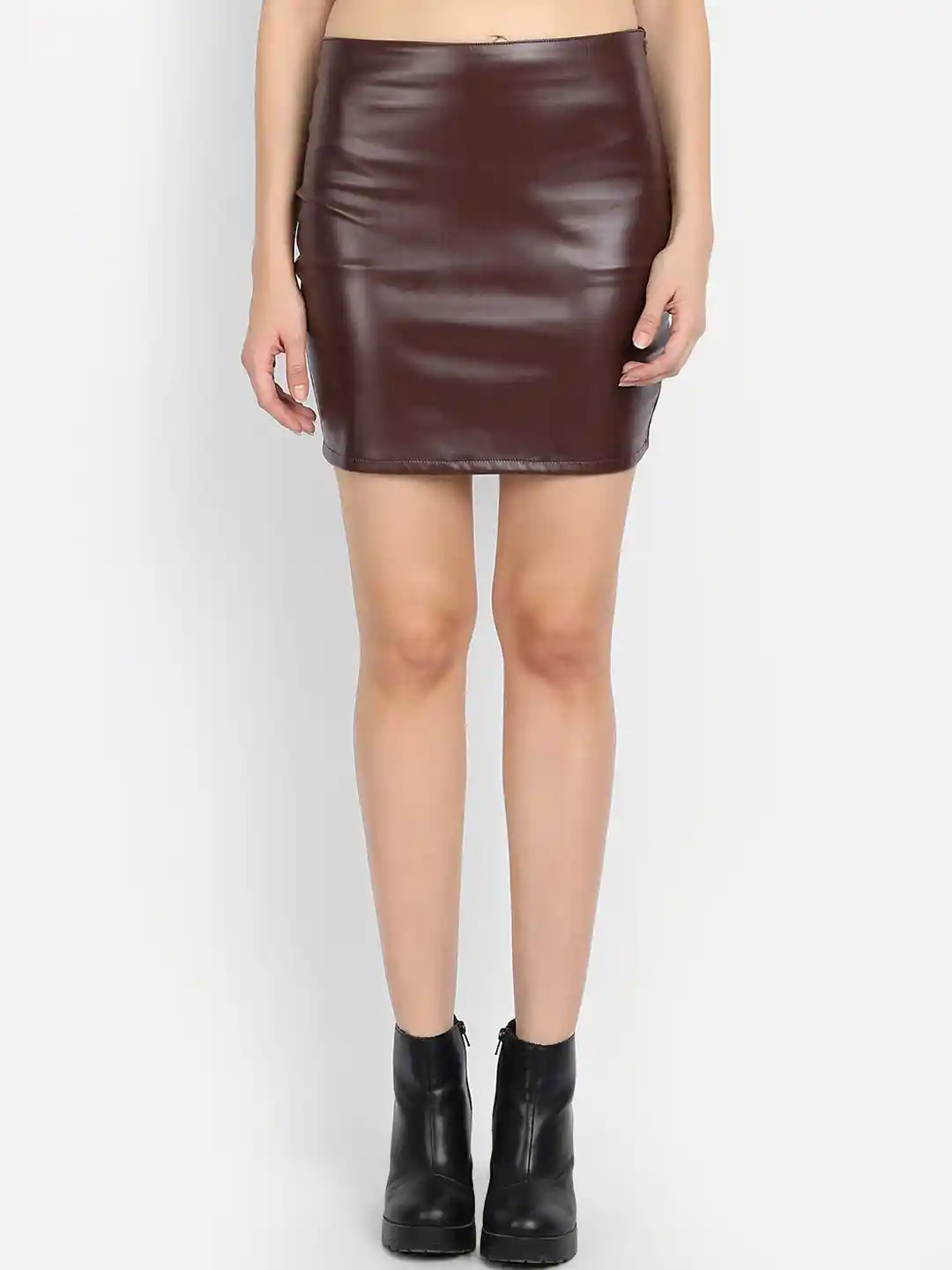 Buy IX IMPRESSION Women Brown Solid Leather Mini Pencil Skirt