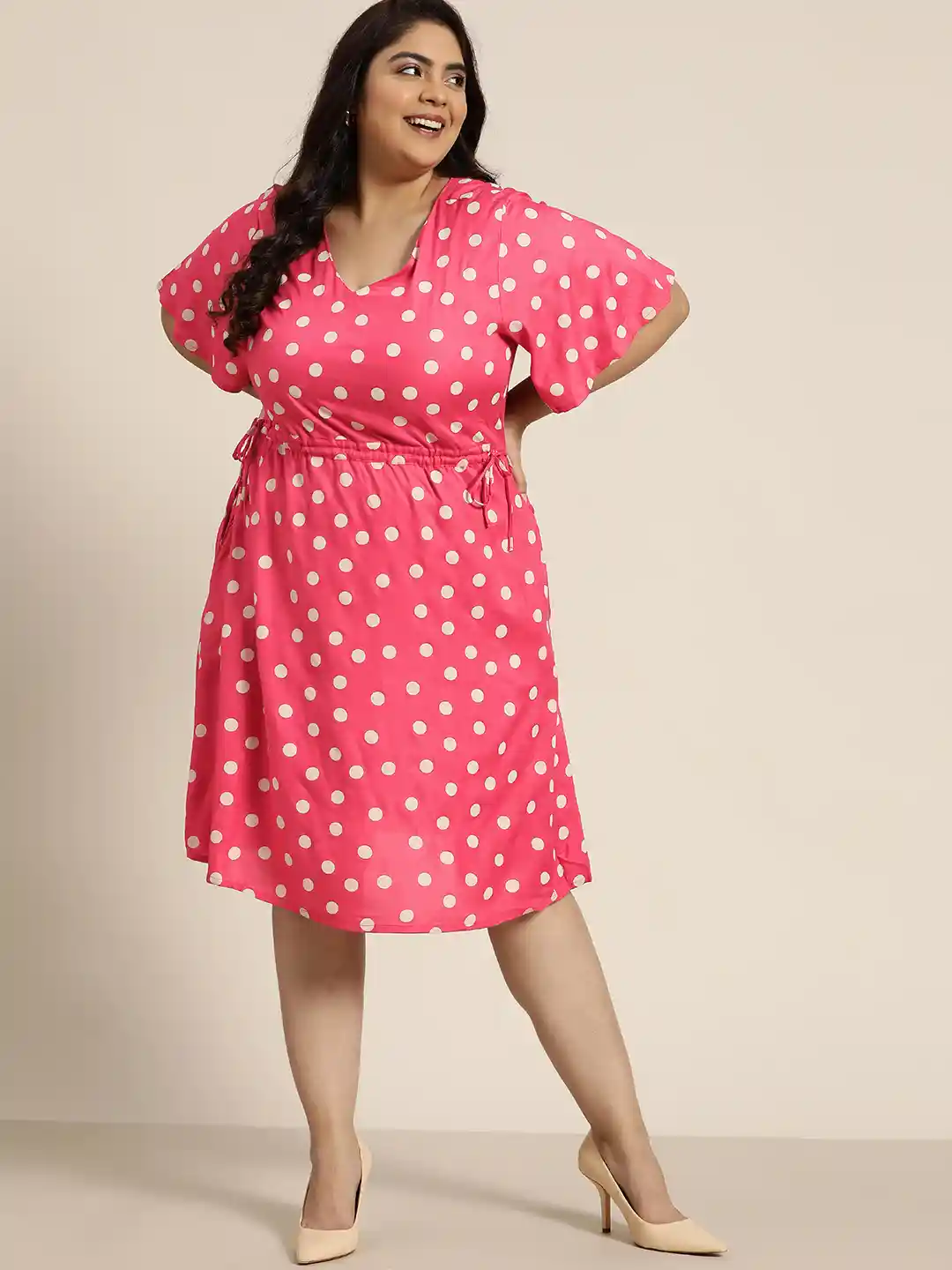 Buy Sztori Plus Size Pink White Polka Dots Printed Tie-Up Detail