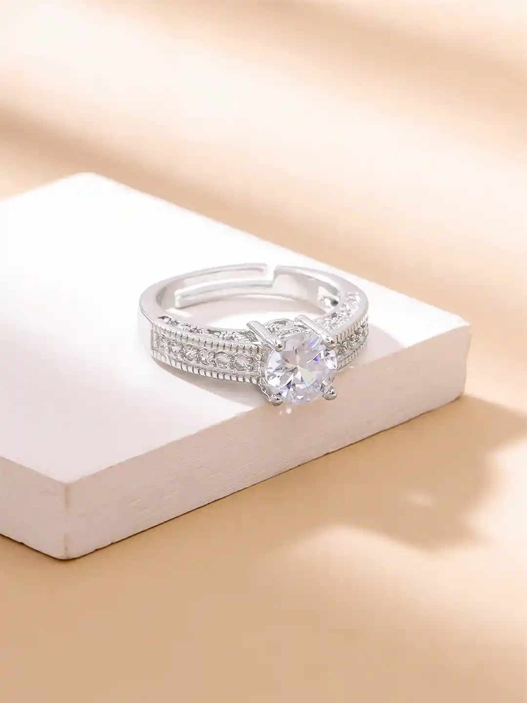 Yellow Chimes Silver-Plated Crystal Studded Finger Ring