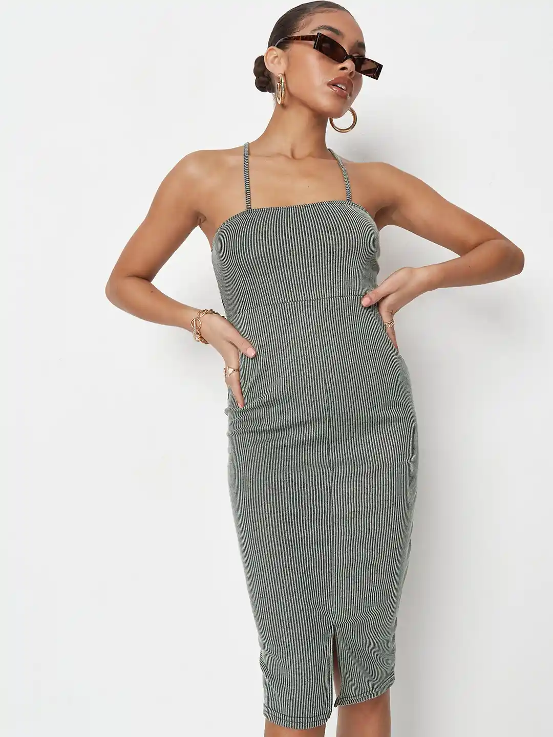 Buy Missguided Women Olive Green Black Ribbed Bodycon Dress