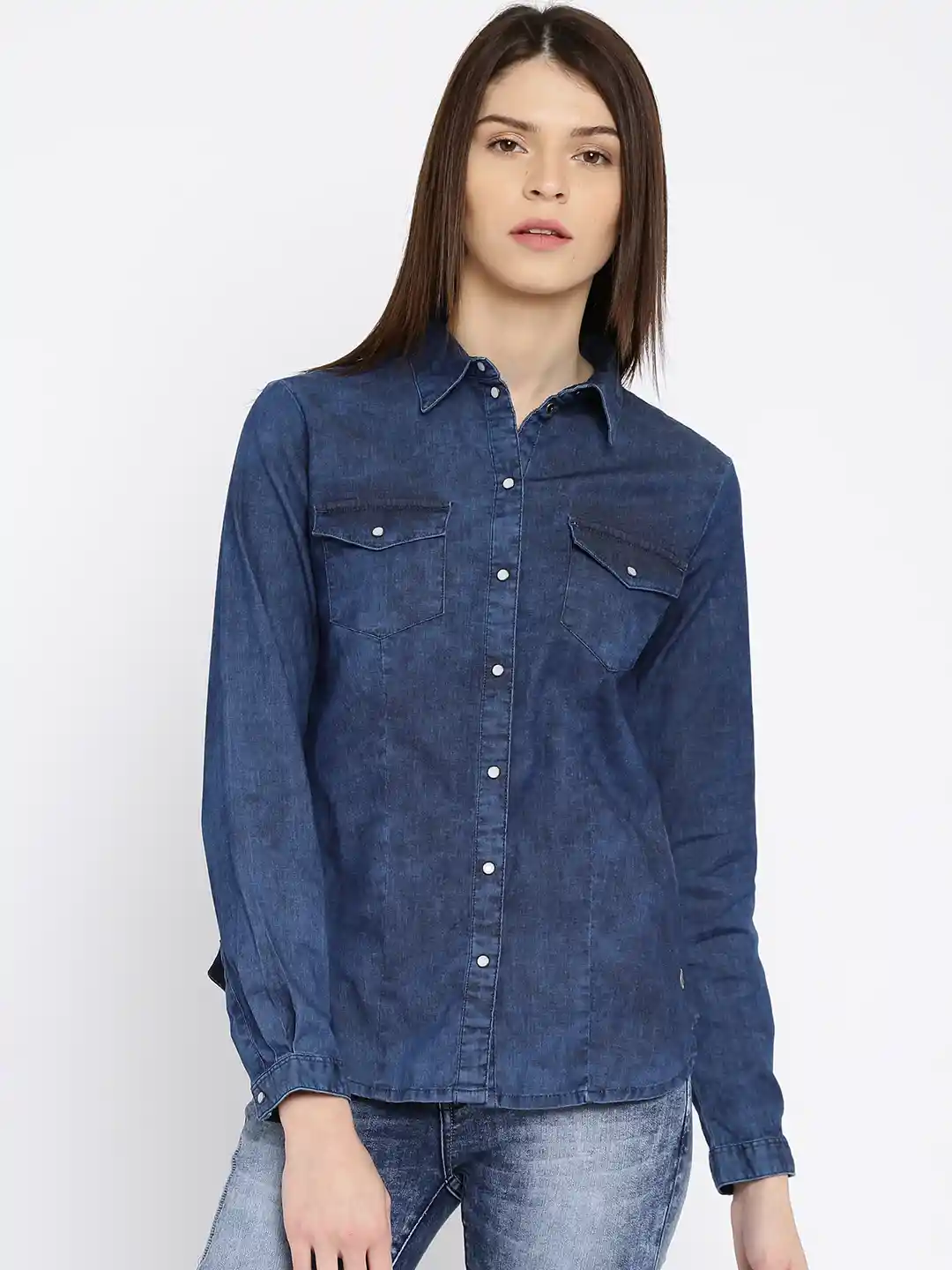 Buy ONLY Women Navy Blue Faded Denim Shirt Shirts for Women