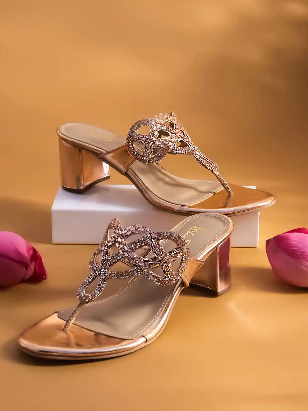 Buy Inc Women Rose Gold Embellished Ethnic Block Sandals Heels