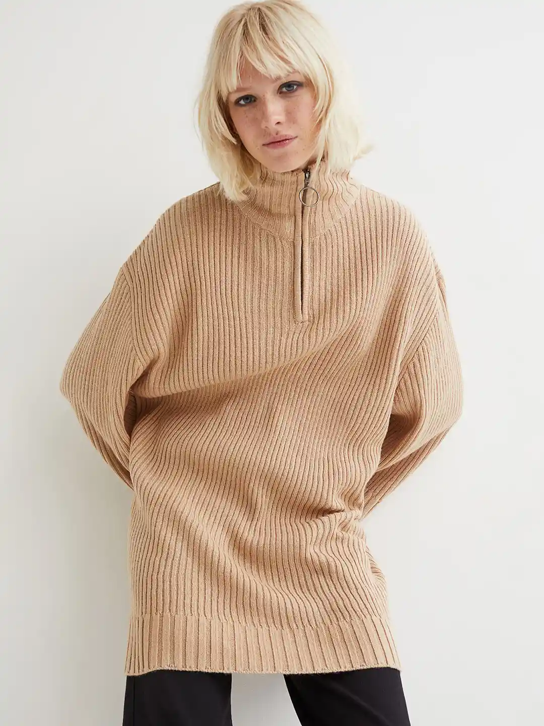 Buy H&M Women Beige Zip Top Ribbed Knitted Jumper Sweaters for