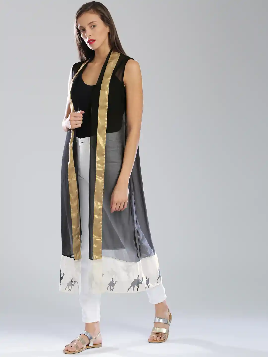 Buy W Black Sleeveless Front Open Longline Sheer Ethnic Jacket