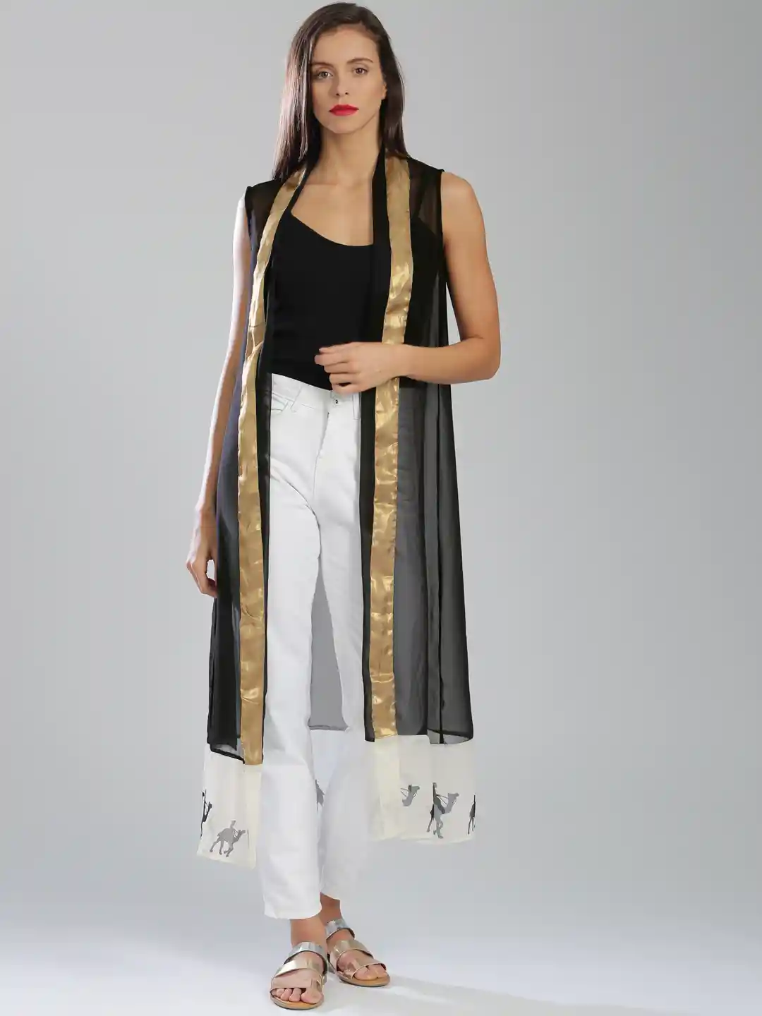 Long Jacket Sleeveless Ethnic Jackets For Ladies W Black