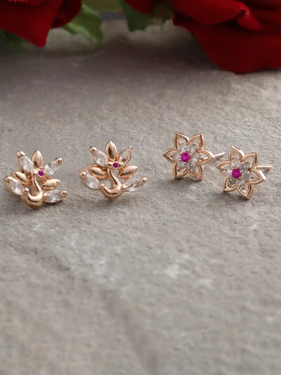 Buy ZINU Set Of Rose Gold Floral Studs Earrings Earrings for
