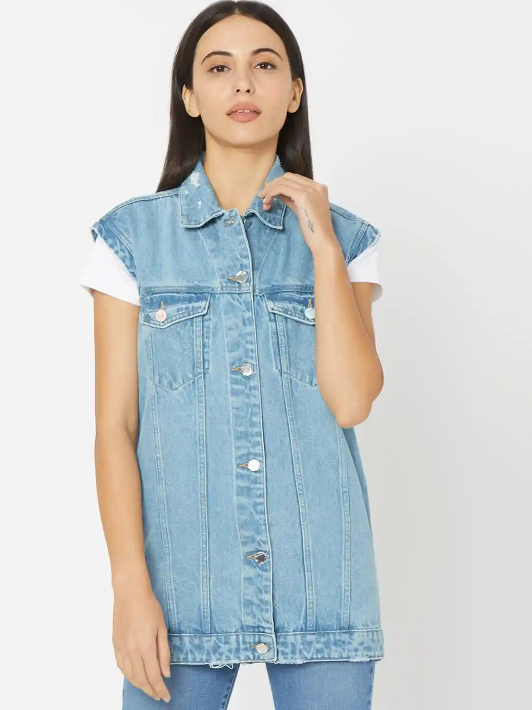 Buy SPYKAR Women Blue Washed Pure Cotton Longline Denim Jacket