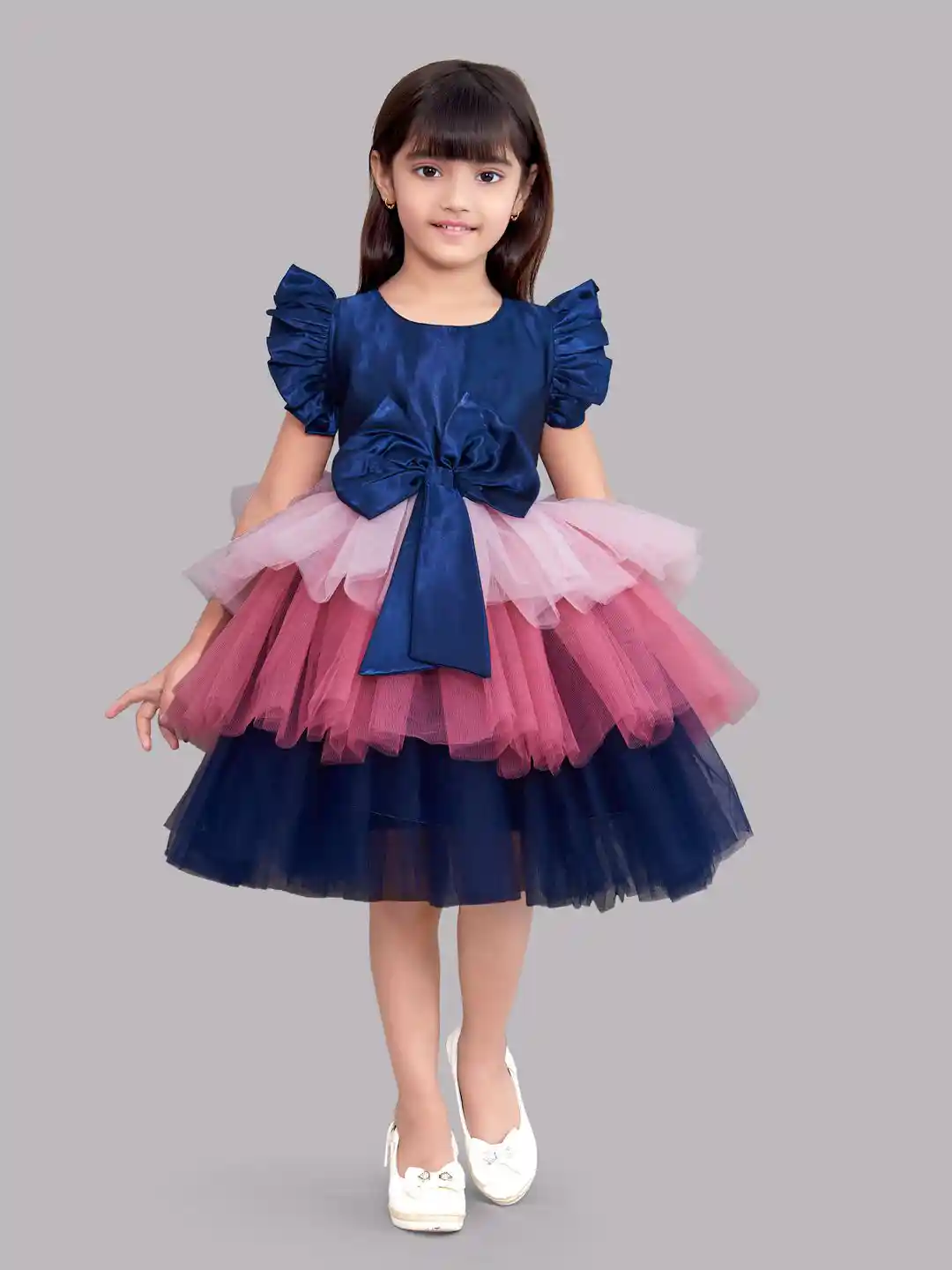 Pink Chick Navy Blue Pink Colourblocked Layered Satin Dress