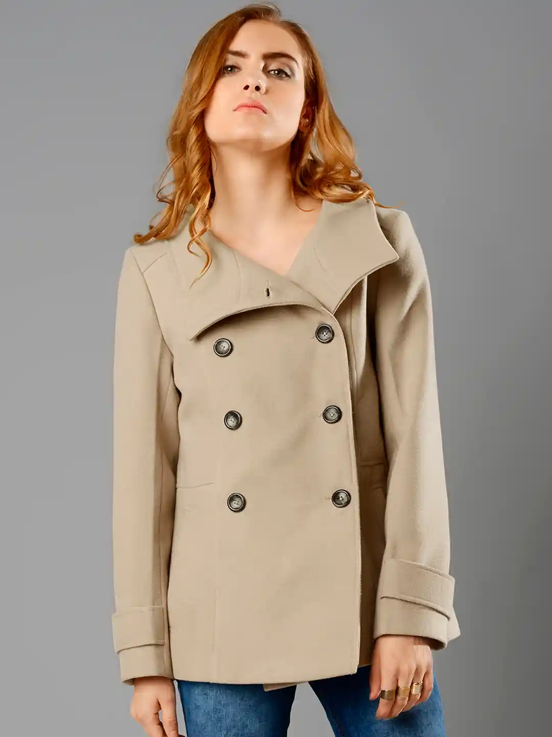 Buy FabAlley Beige Double-Breasted Pea Coat Coats for Women