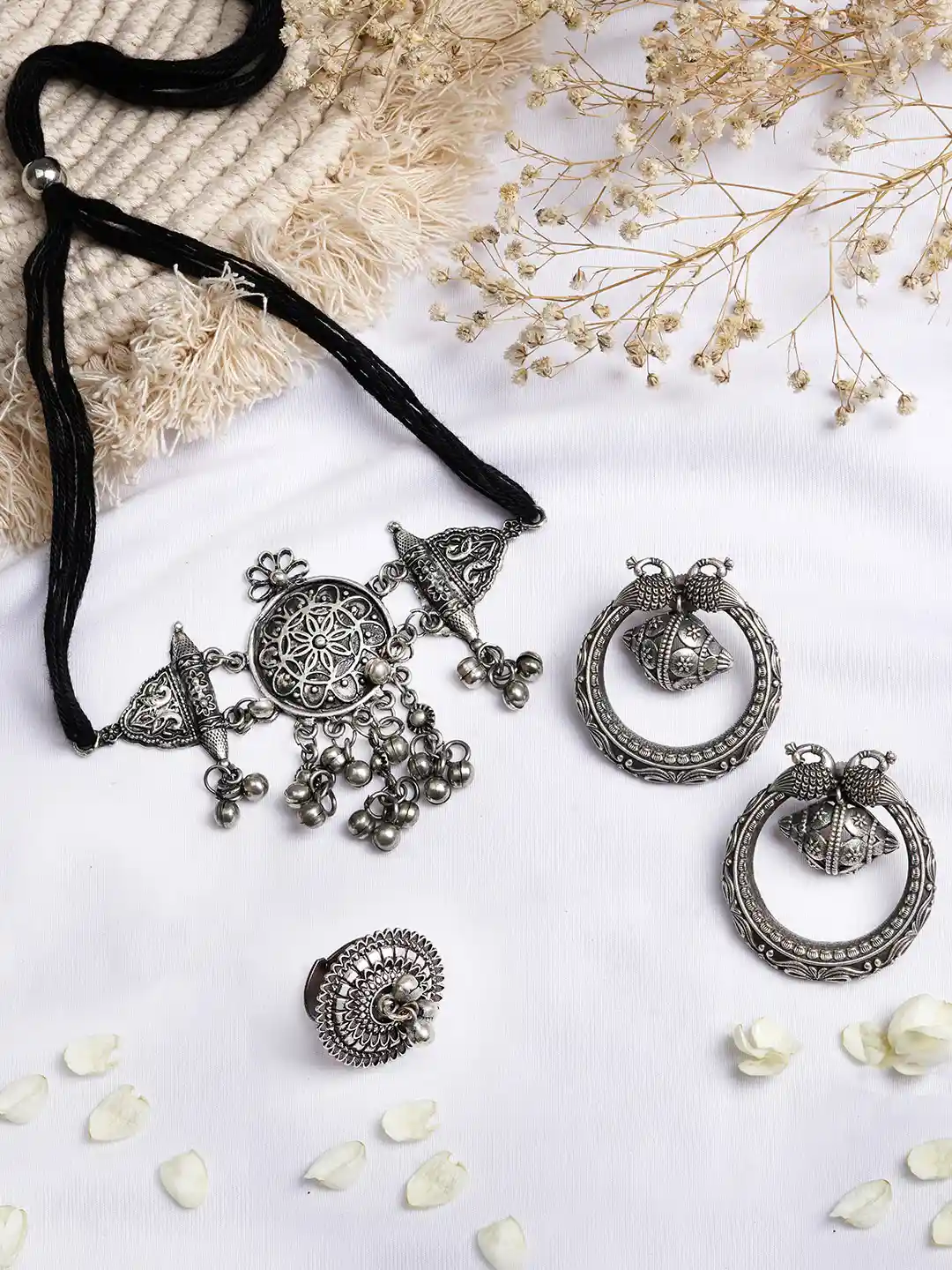 TEEJH Silver-Plated Oxidised Jewellery Set