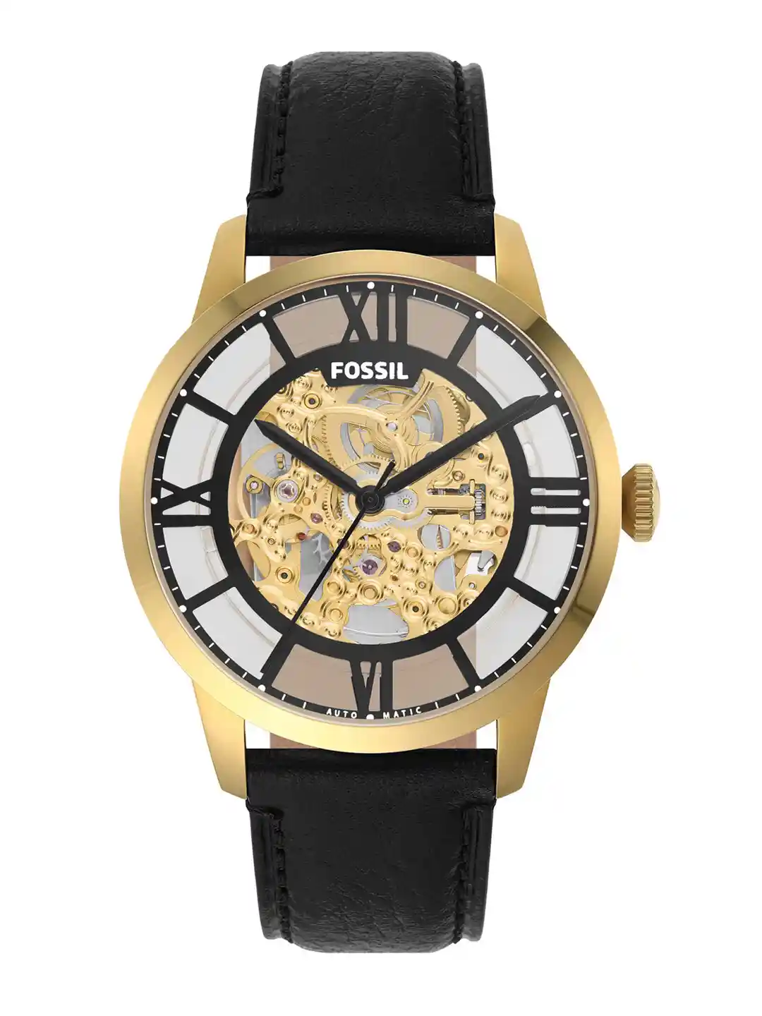 Buy Fossil Men Gold-Toned Skeleton Dial Black Leather Straps