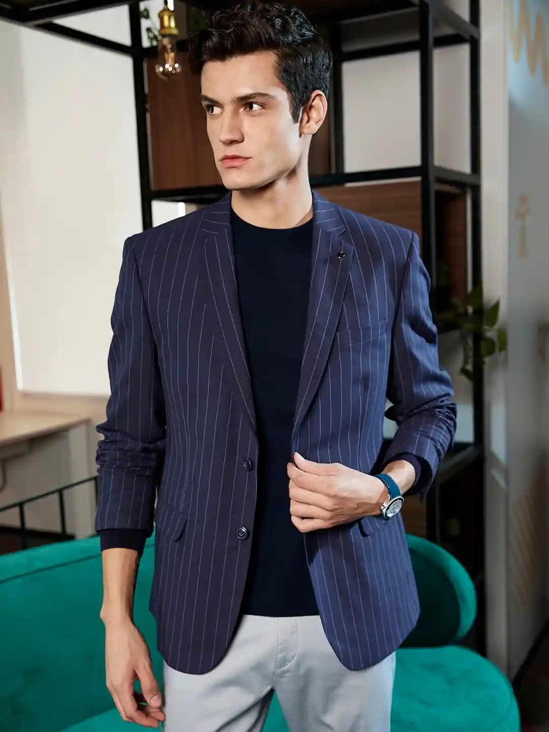 Buy Van Heusen Men Navy Blue Striped Single-Breasted Formal Blazer