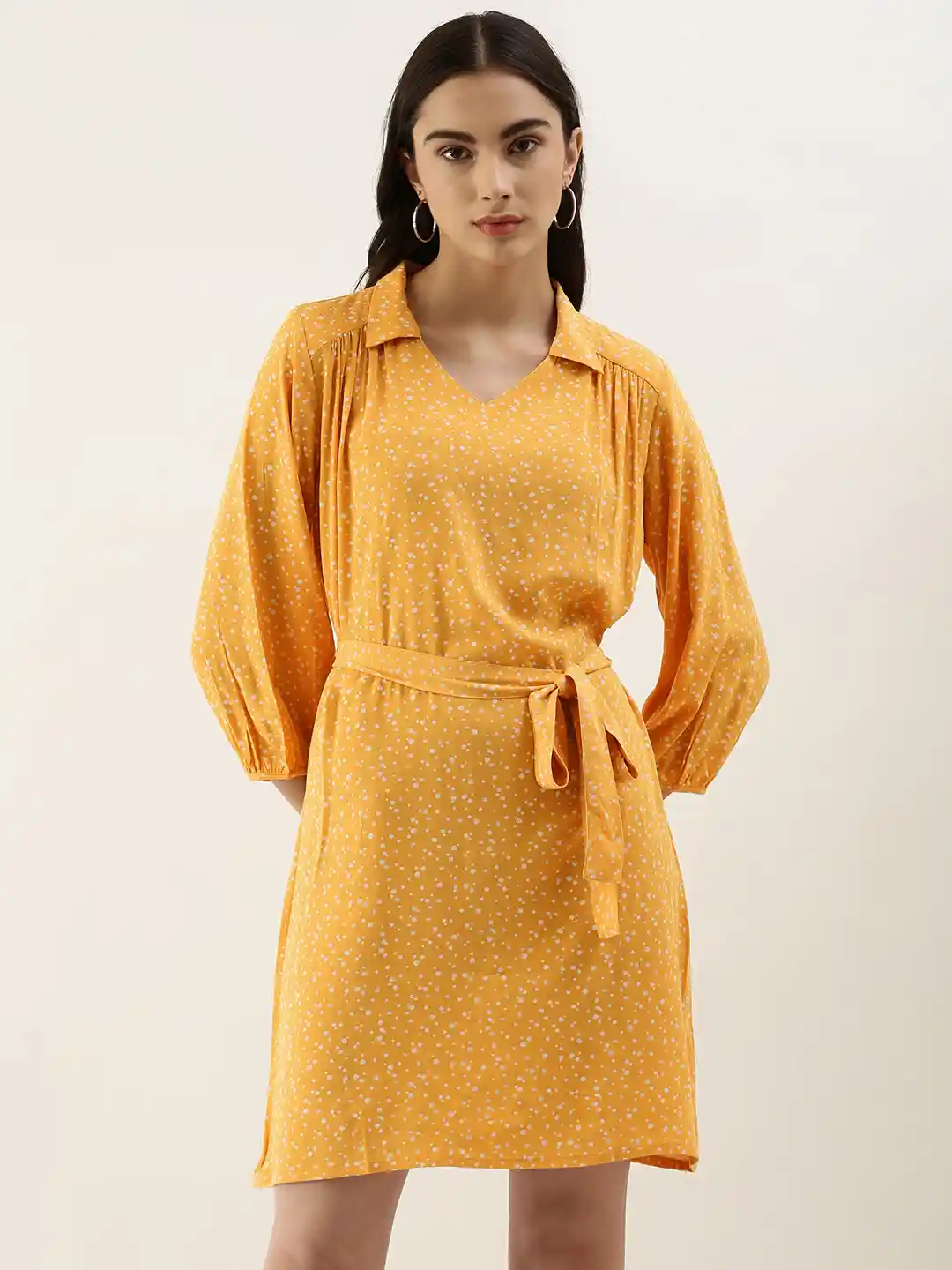 Buy AND Yellow White Polka Dot Printed Casual Wrap Dress