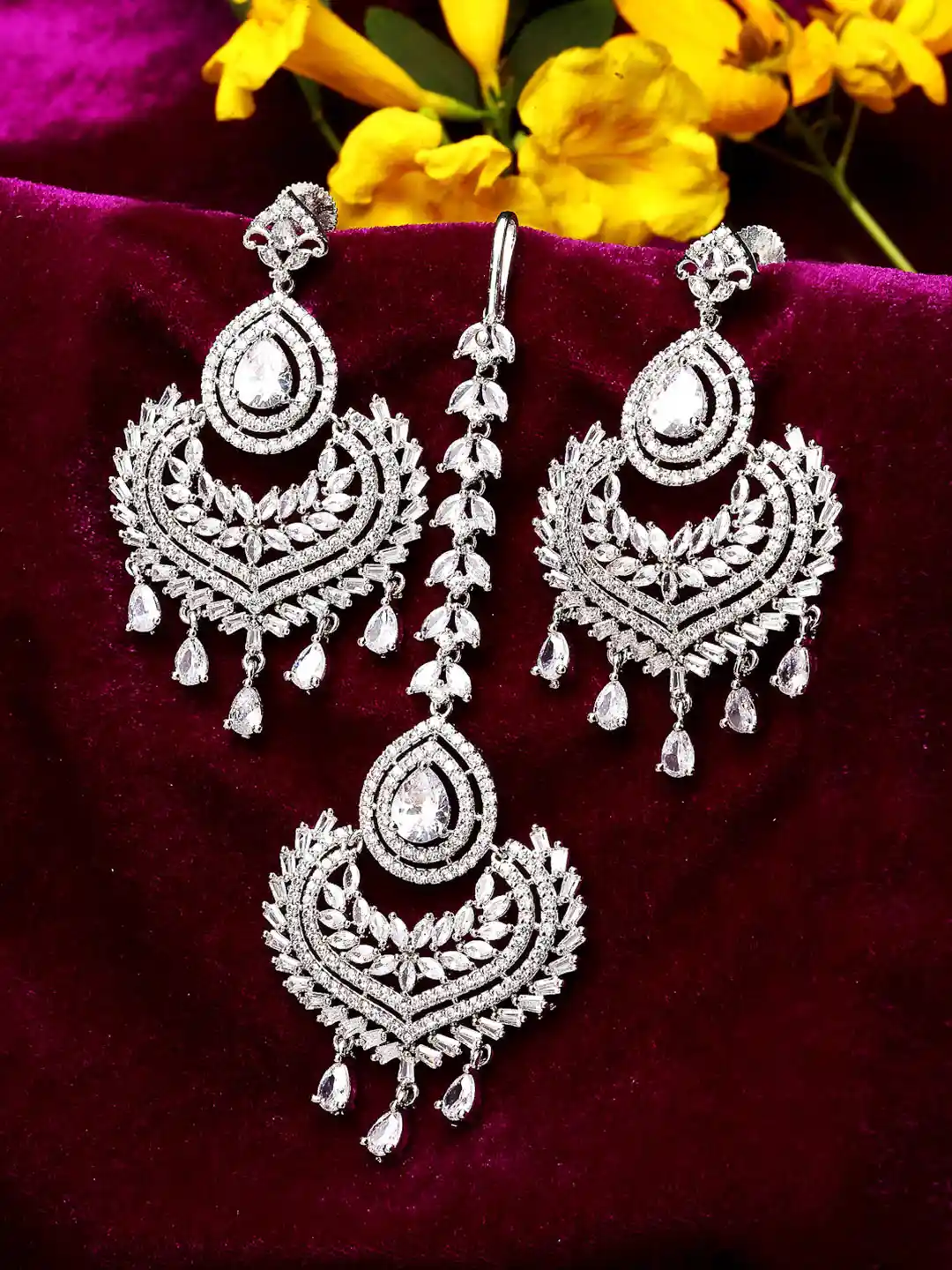 Buy ZENEME Rhodium-Plated Silver Toned White AD-Studded Maang