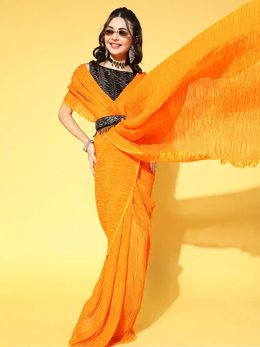 Buy Saree mall Orange Black Solid Party Saree with Matching
