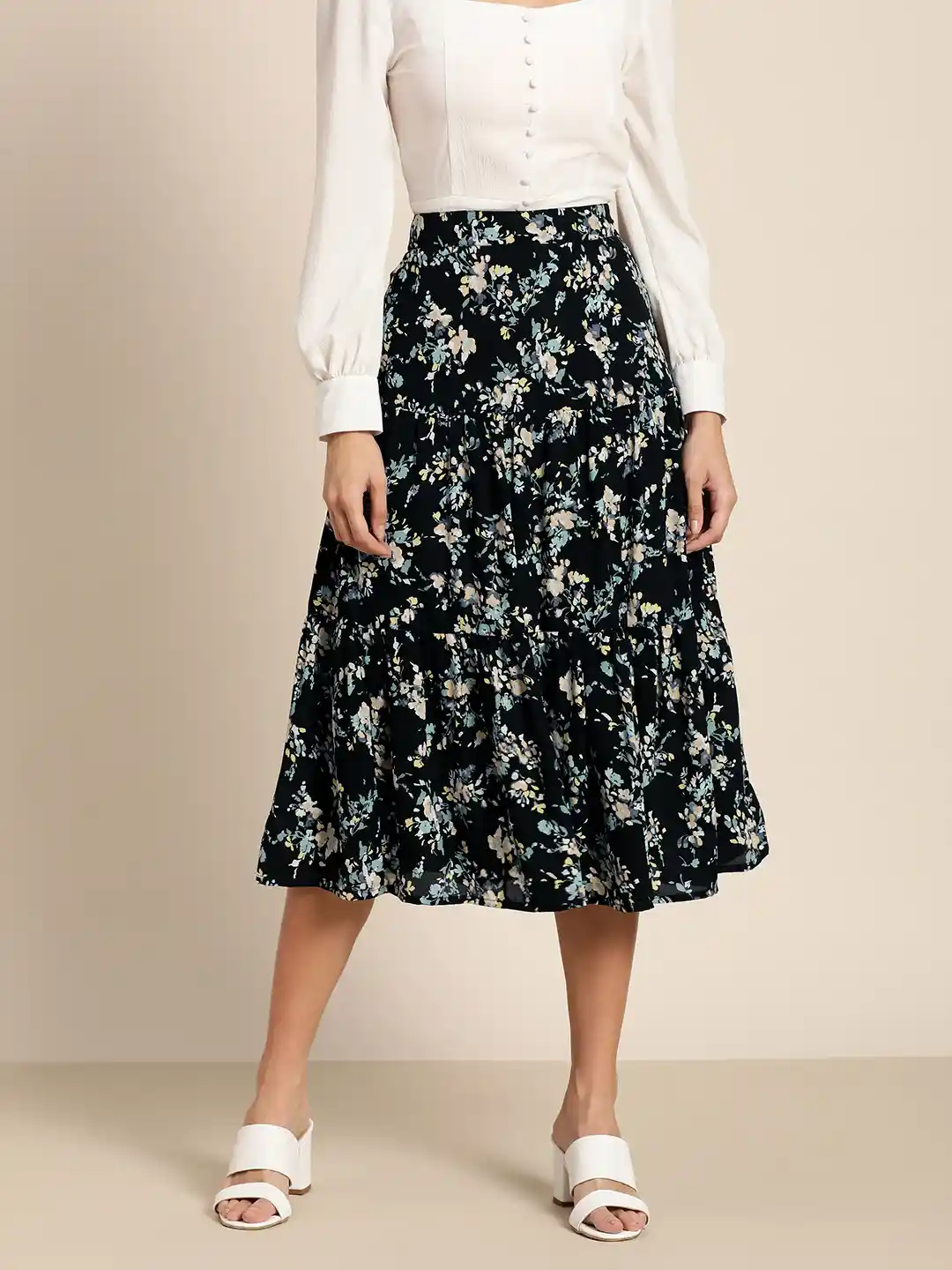 Marie Claire Women Black Cream-Coloured Floral Print Tiered Knee Length  Skirt