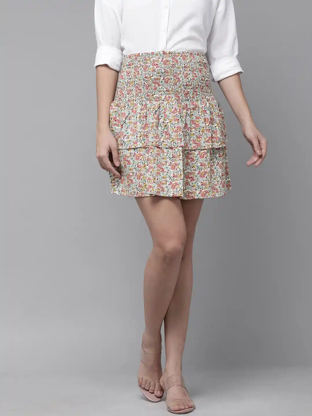 Buy RARE Women White Blue Floral Print Smocked Mini Skirt
