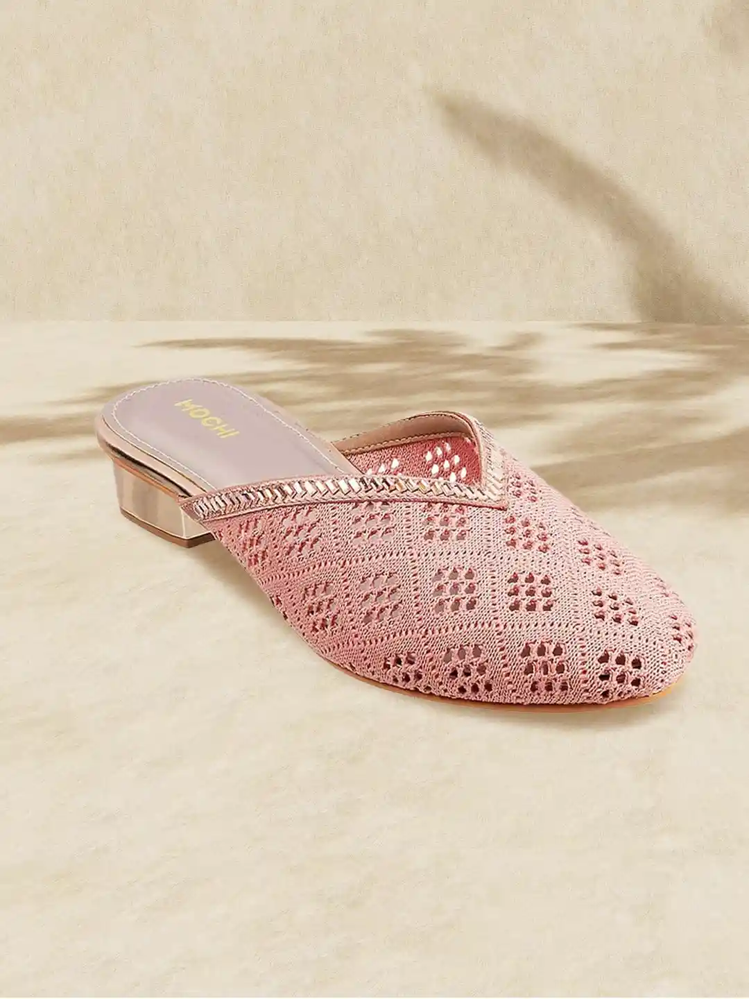 Mochi Women Pink Ethnic Woven Design Block Mules