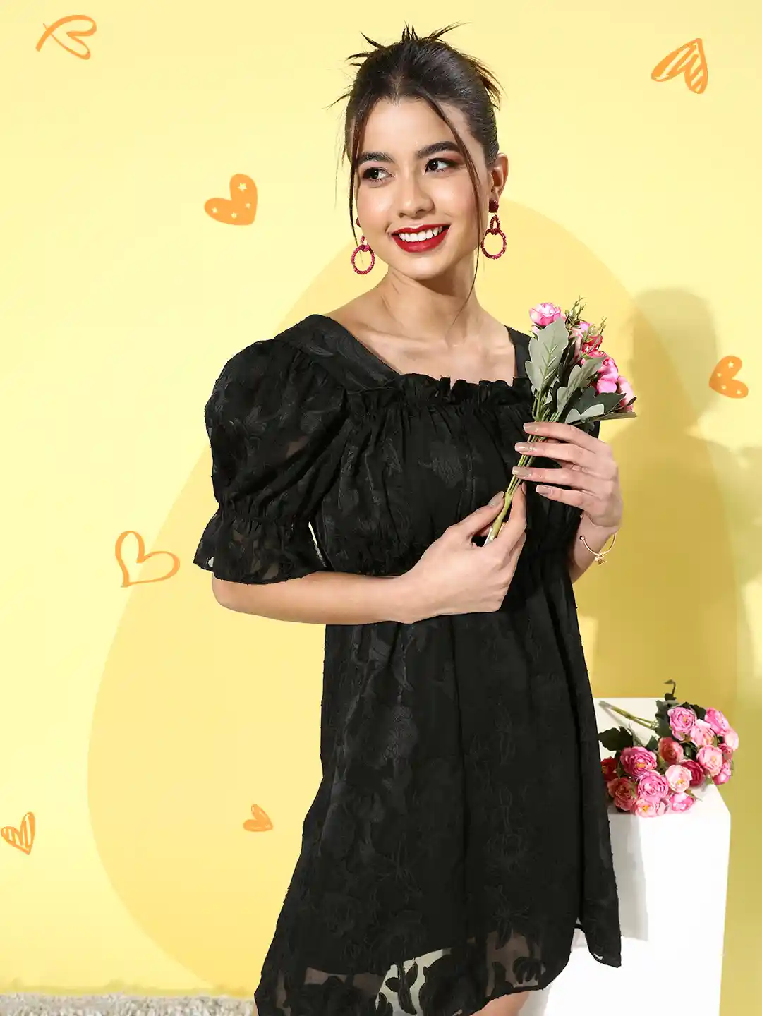 KASSUALLY Stylish Black Floral Puff Sleeves Dress