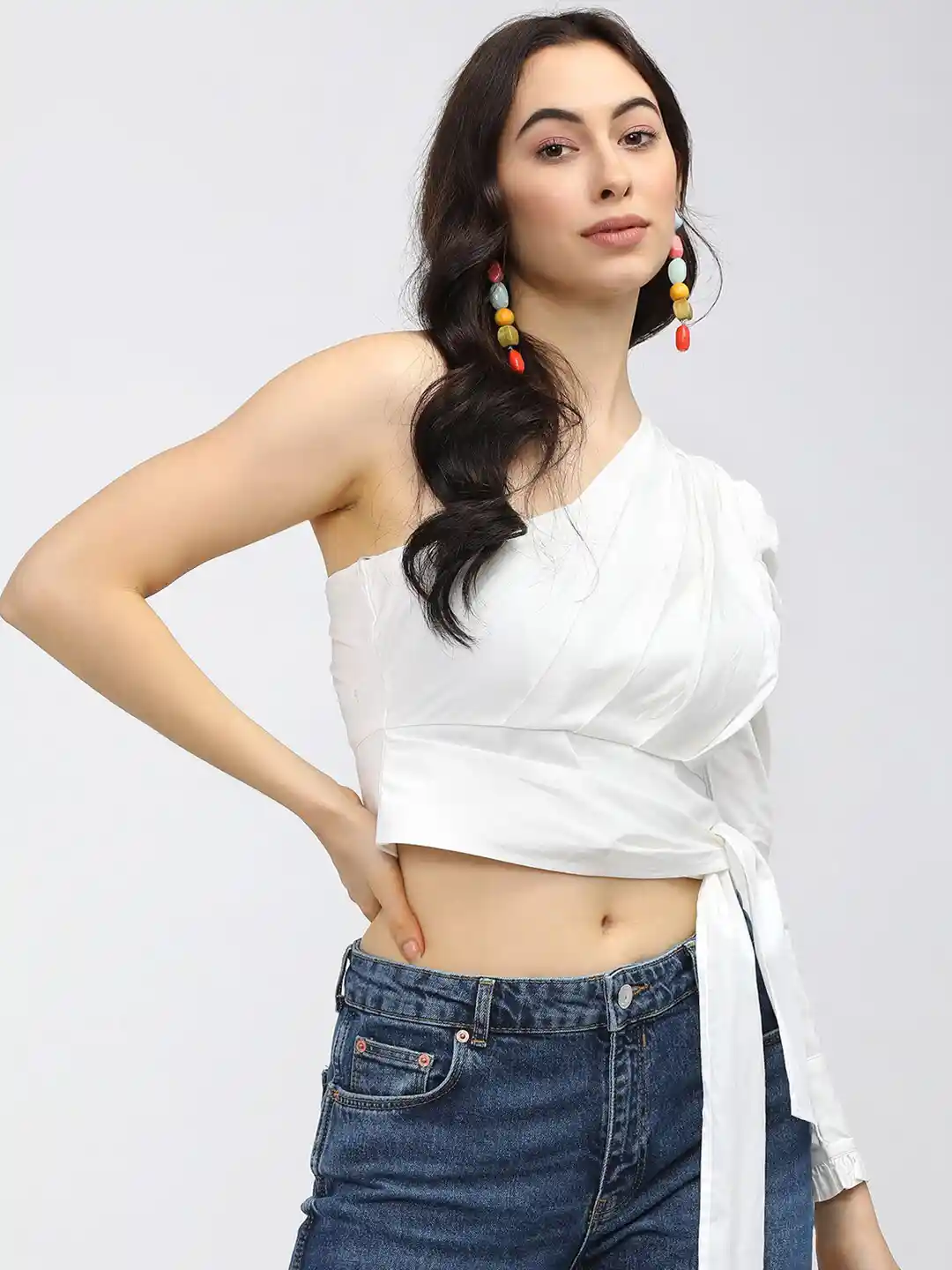 Buy Tokyo Talkies White One Shoulder Wrap Crop Top Tops for