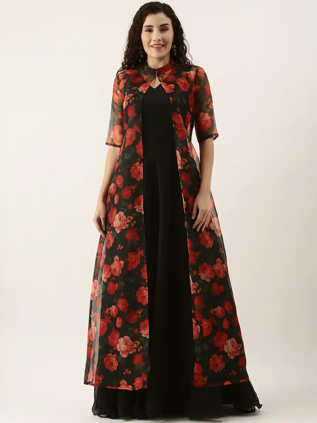 Buy Ethnovog Women Black Red Layered Georgette A-Line Maxi Dress