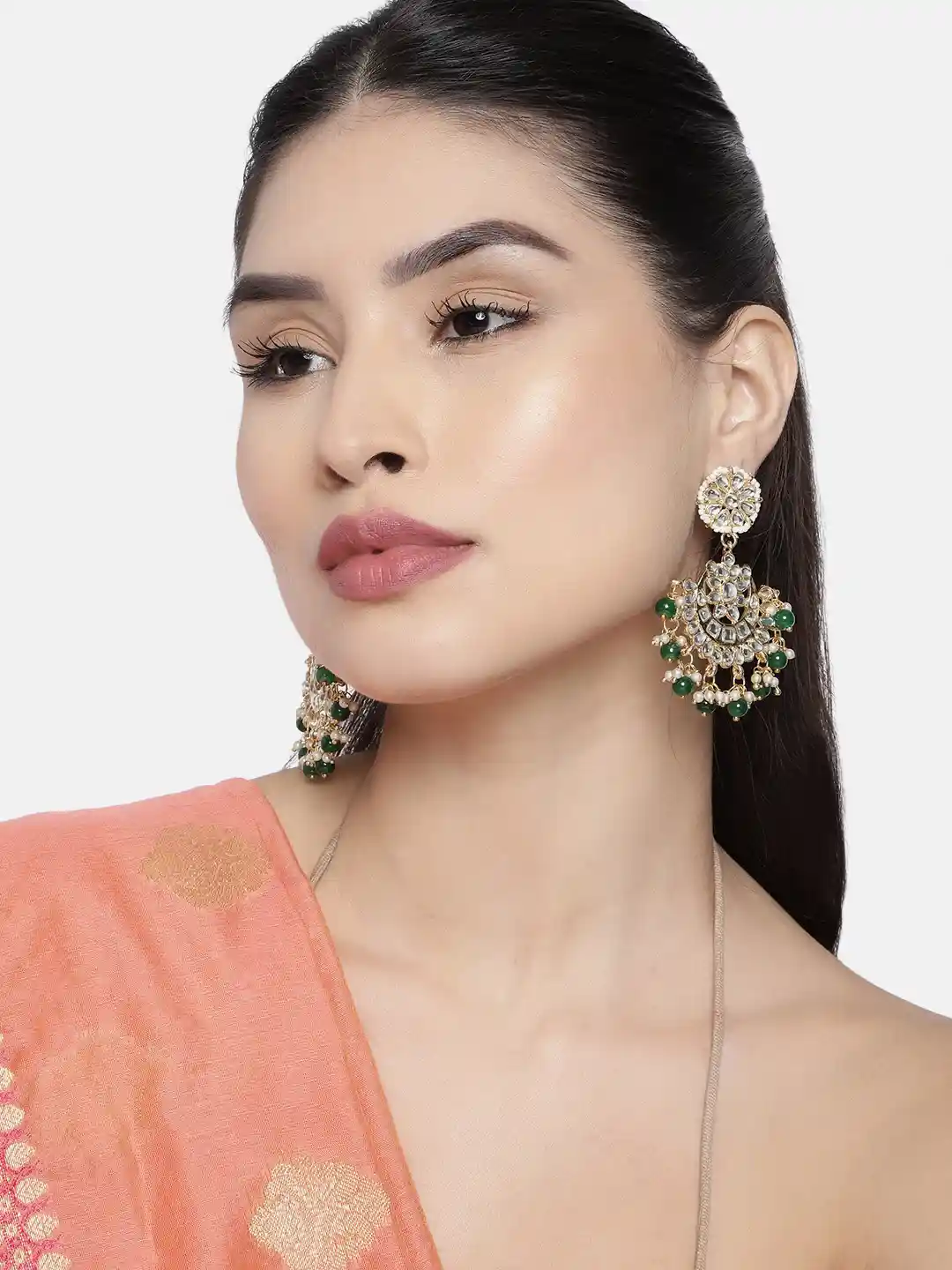 I Jewels Green Off White Gold-Plated Kundan-Studded Crescent Shaped Drop  Earrings