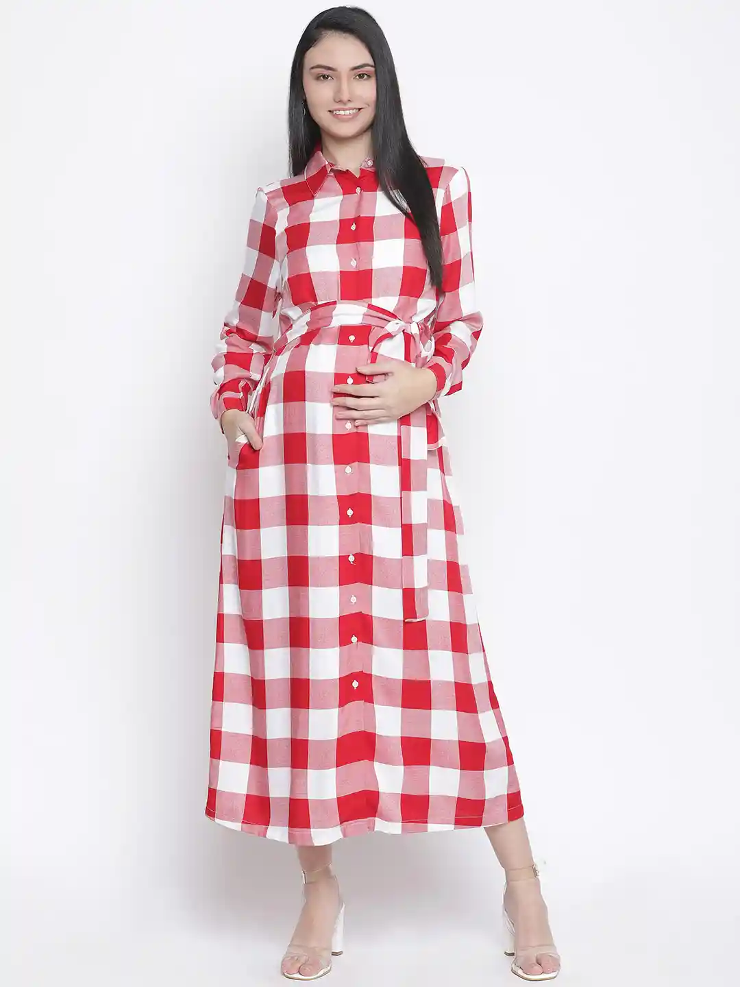 Buy Oxolloxo Red White Checked Crepe Maternity Shirt Midi Dress