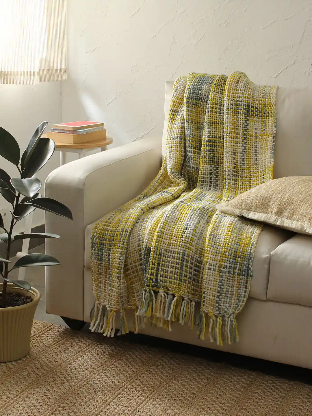 Buy House This Mustard Yellow Off-White Self-Design Sofa Throw