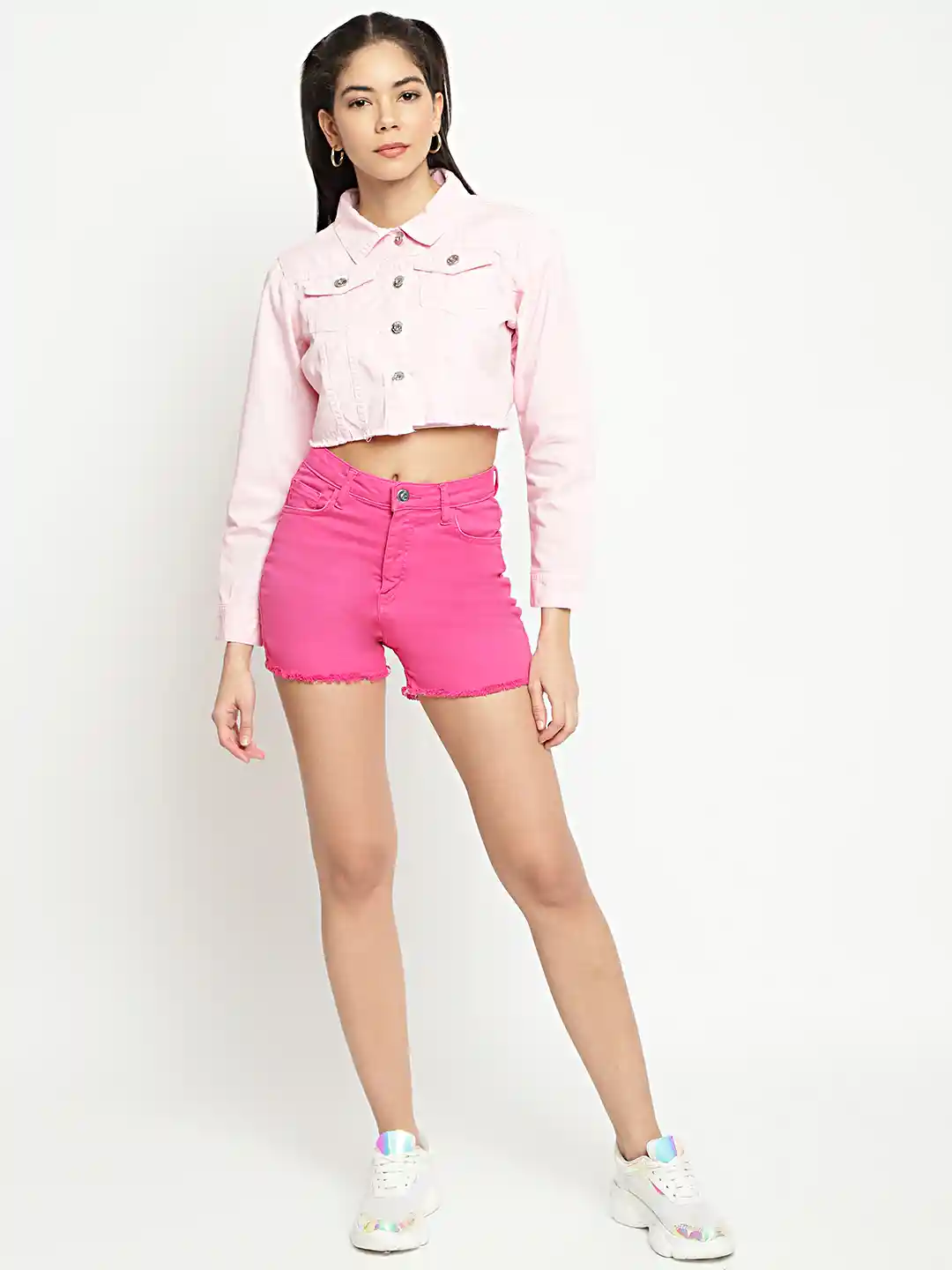 Womens Jackets Pink Cropped Jean Jacket Pink Cropped Contrast