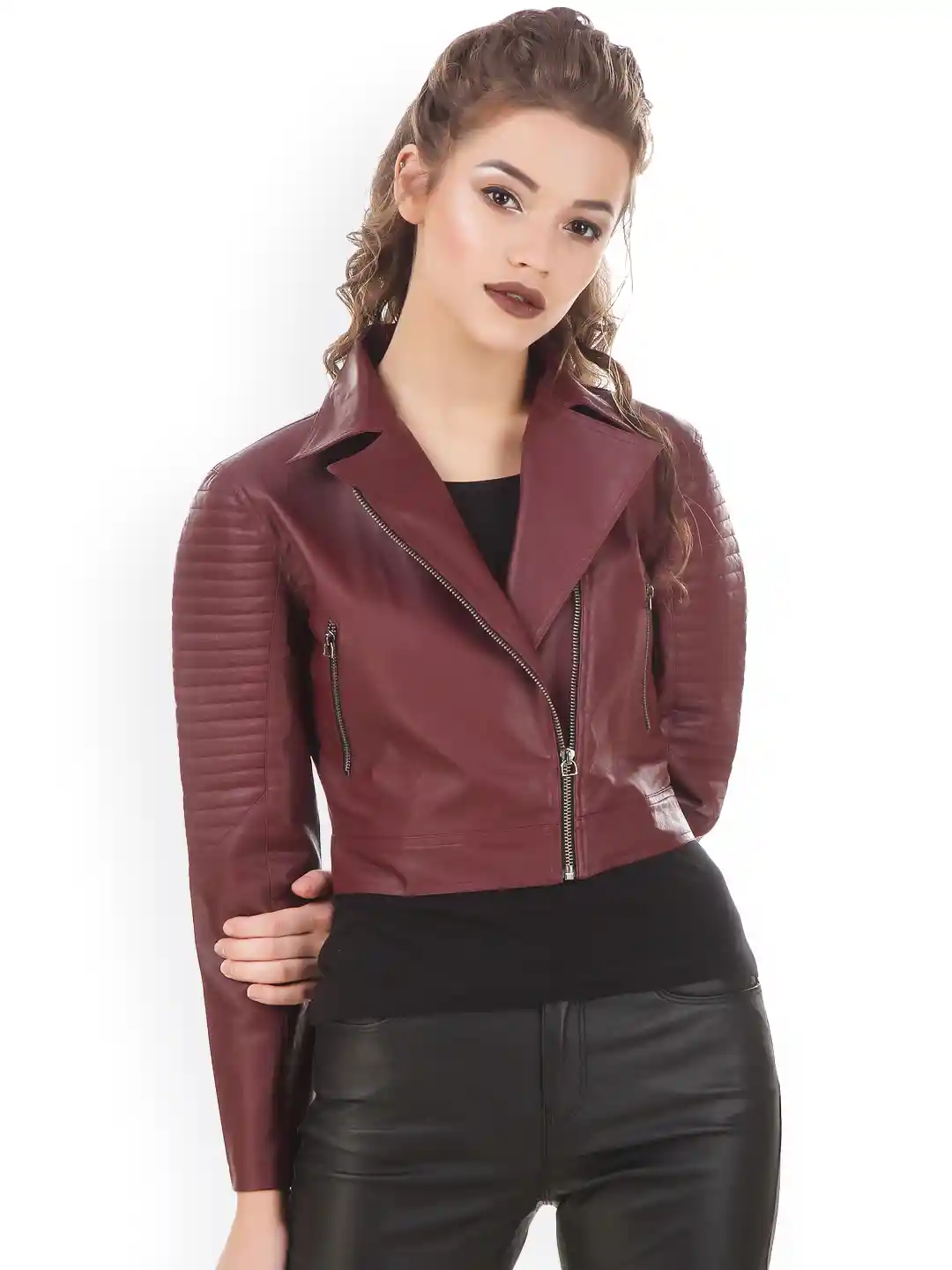 Buy Texco Burgundy Leather Crop Biker Jacket Jackets for Women