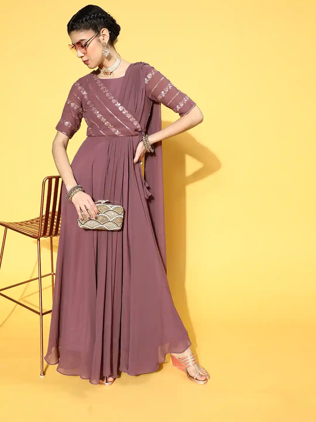Buy Inddus Mauve Yoke Design Georgette Maxi Draped Dress Ethnic