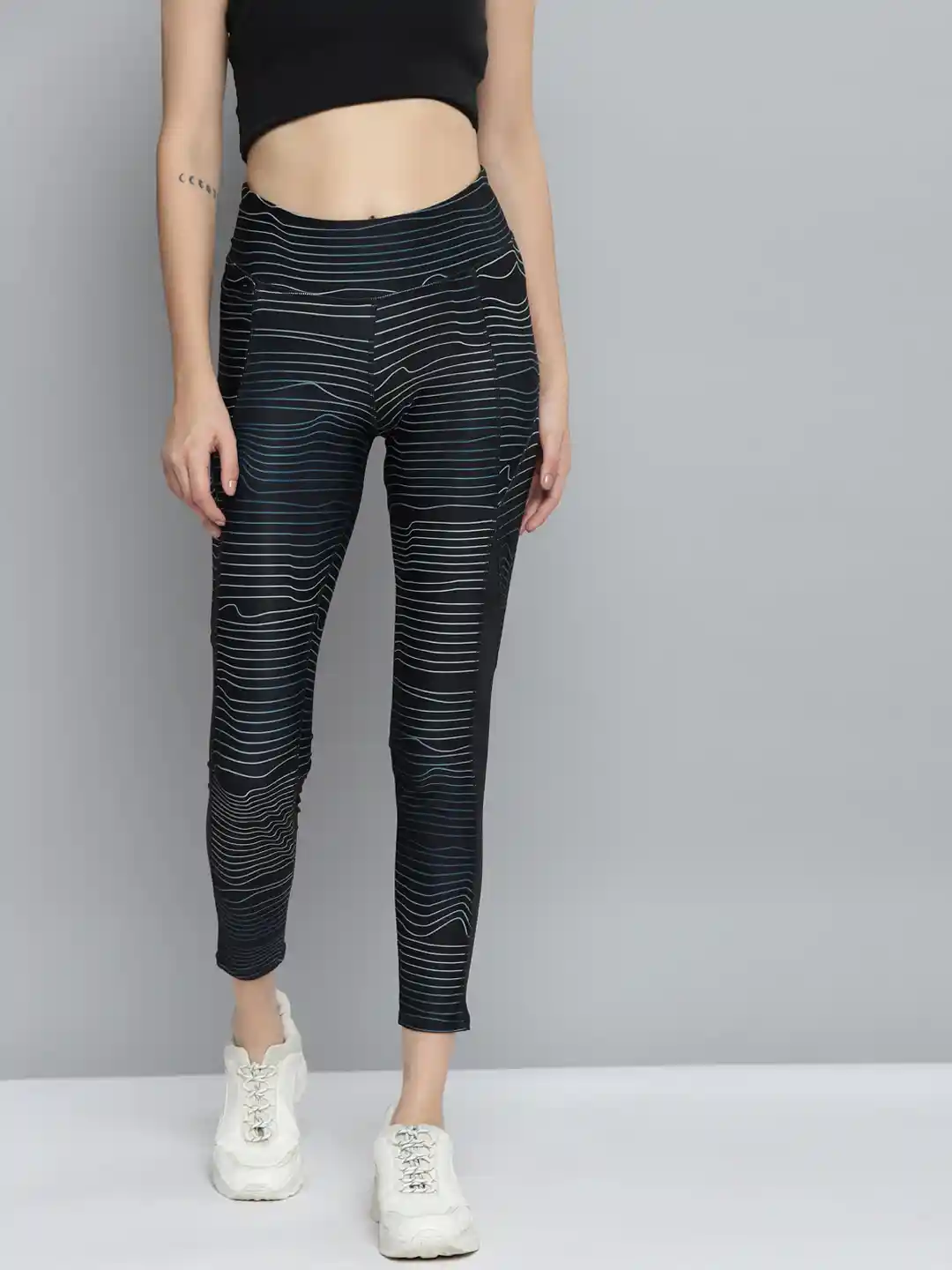 Buy Reebok Women Black Blue Striped Speedwick Running High-Rise