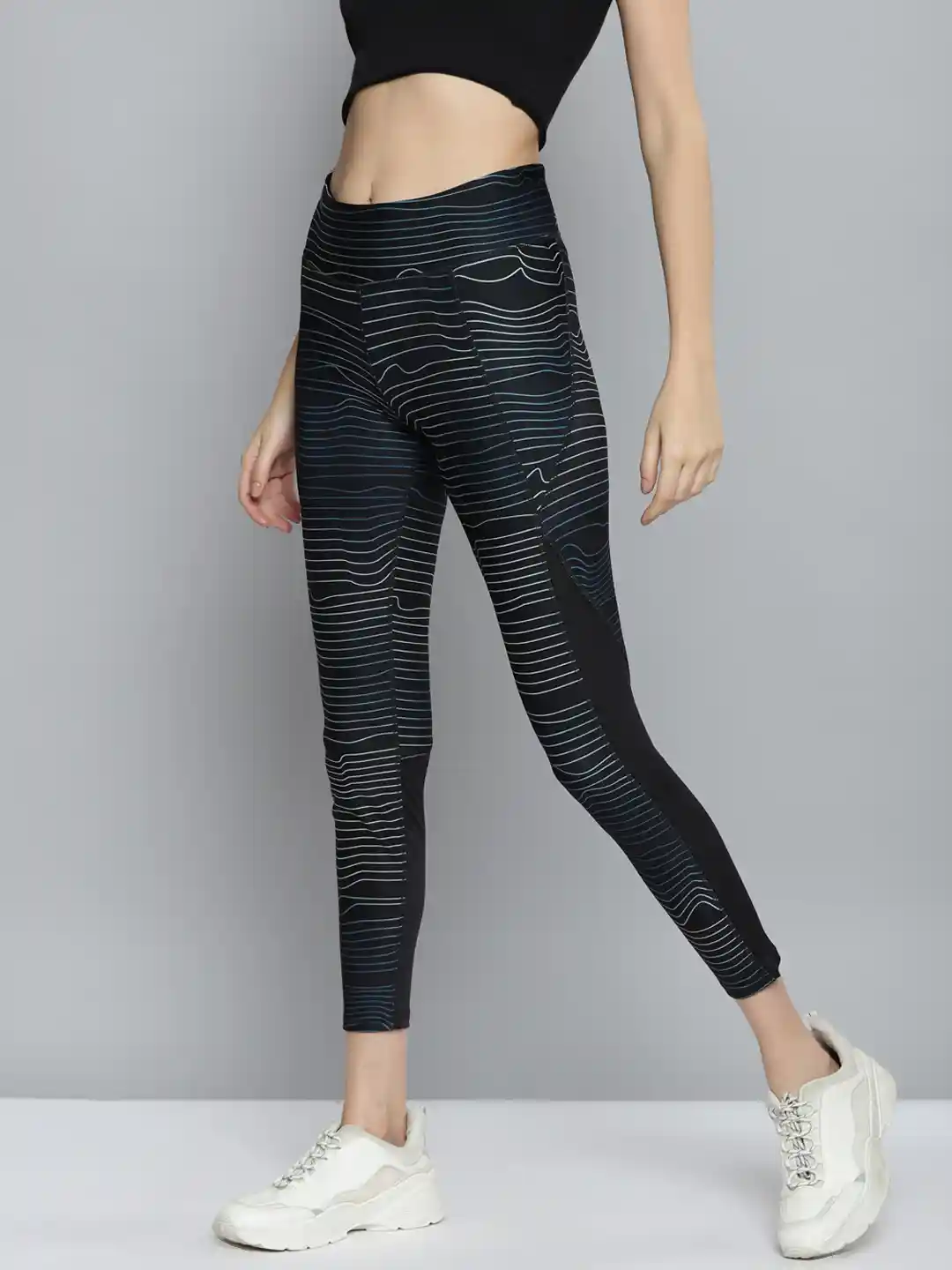 Buy Reebok Women Black Blue Striped Speedwick Running High-Rise - Main Image