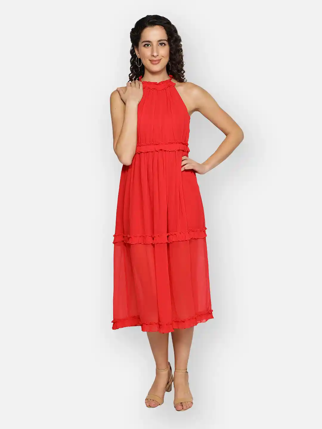 Buy BLANC9 Red Halter Neck Midi Fit Flare Dress Dresses for