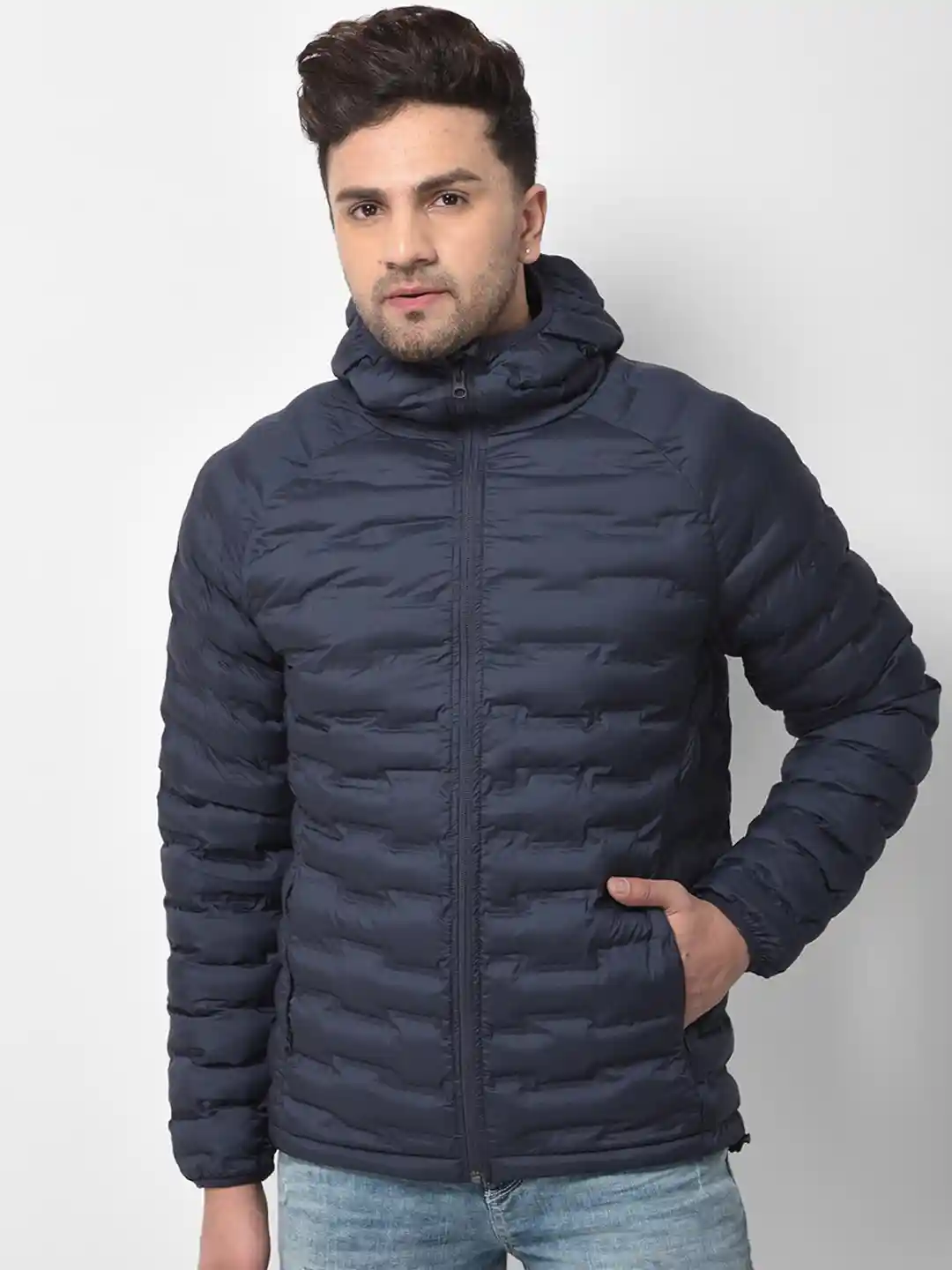 Buy Woodland Men Navy Blue Water Resistant Hooded Puffer Jacket