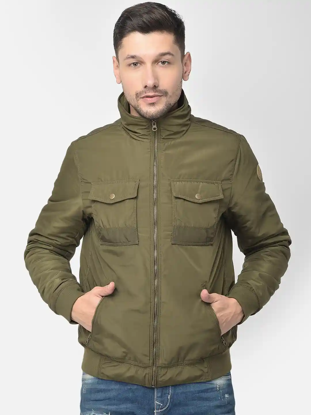 Woodland Men Olive Green Camouflage Water Resistant Bomber Jacket