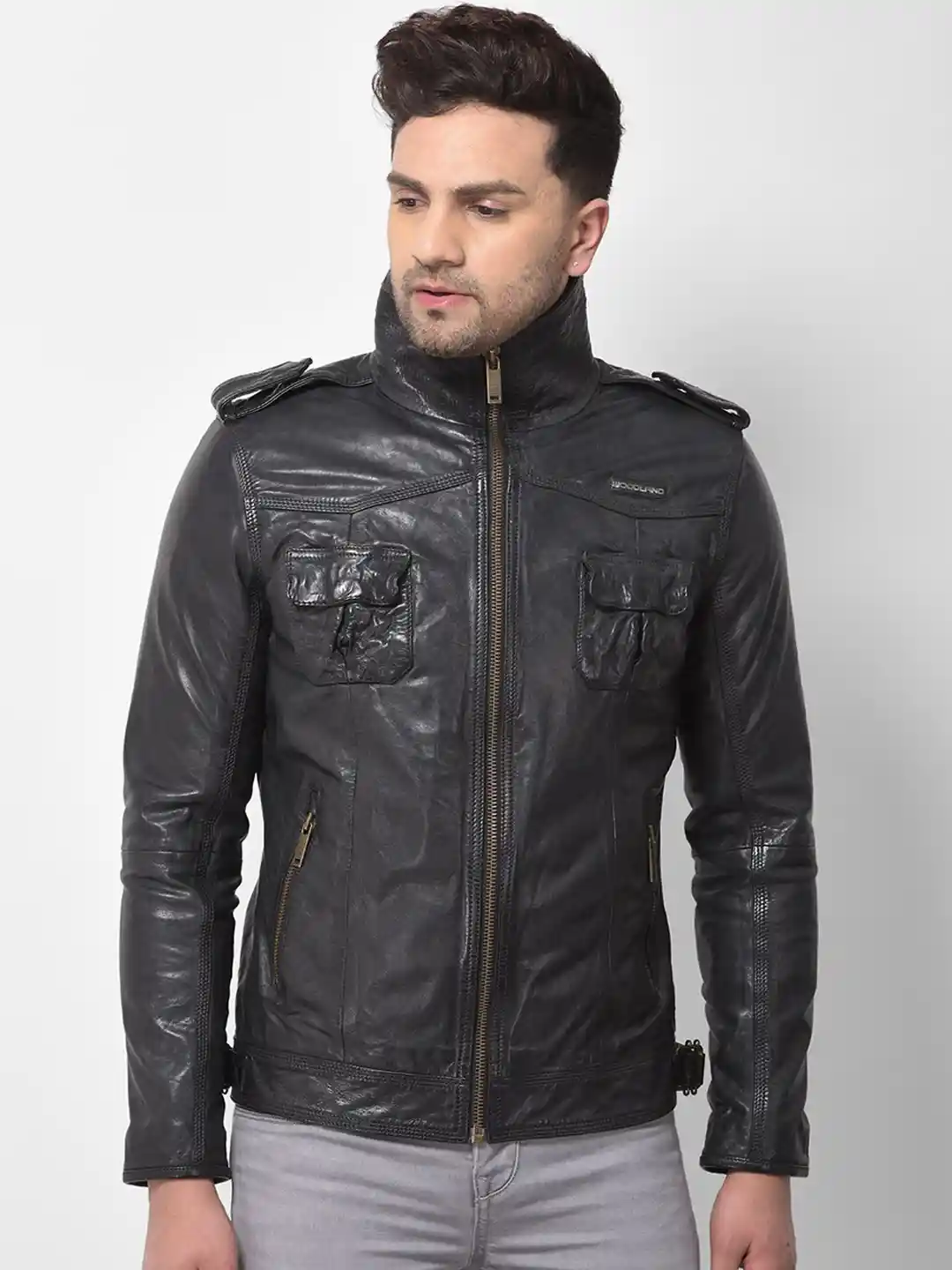 Buy Woodland Men Black Leather Water Resistant Leather Jacket