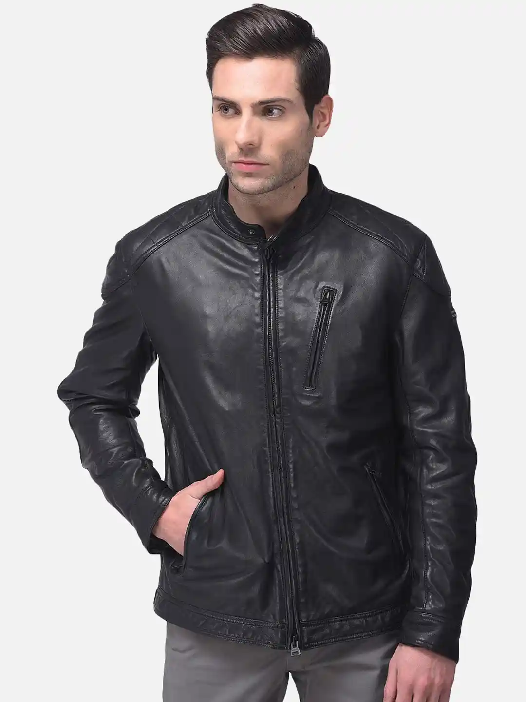 Buy Woods Men Black Water Resistant Leather Jacket Jackets for - Main Image