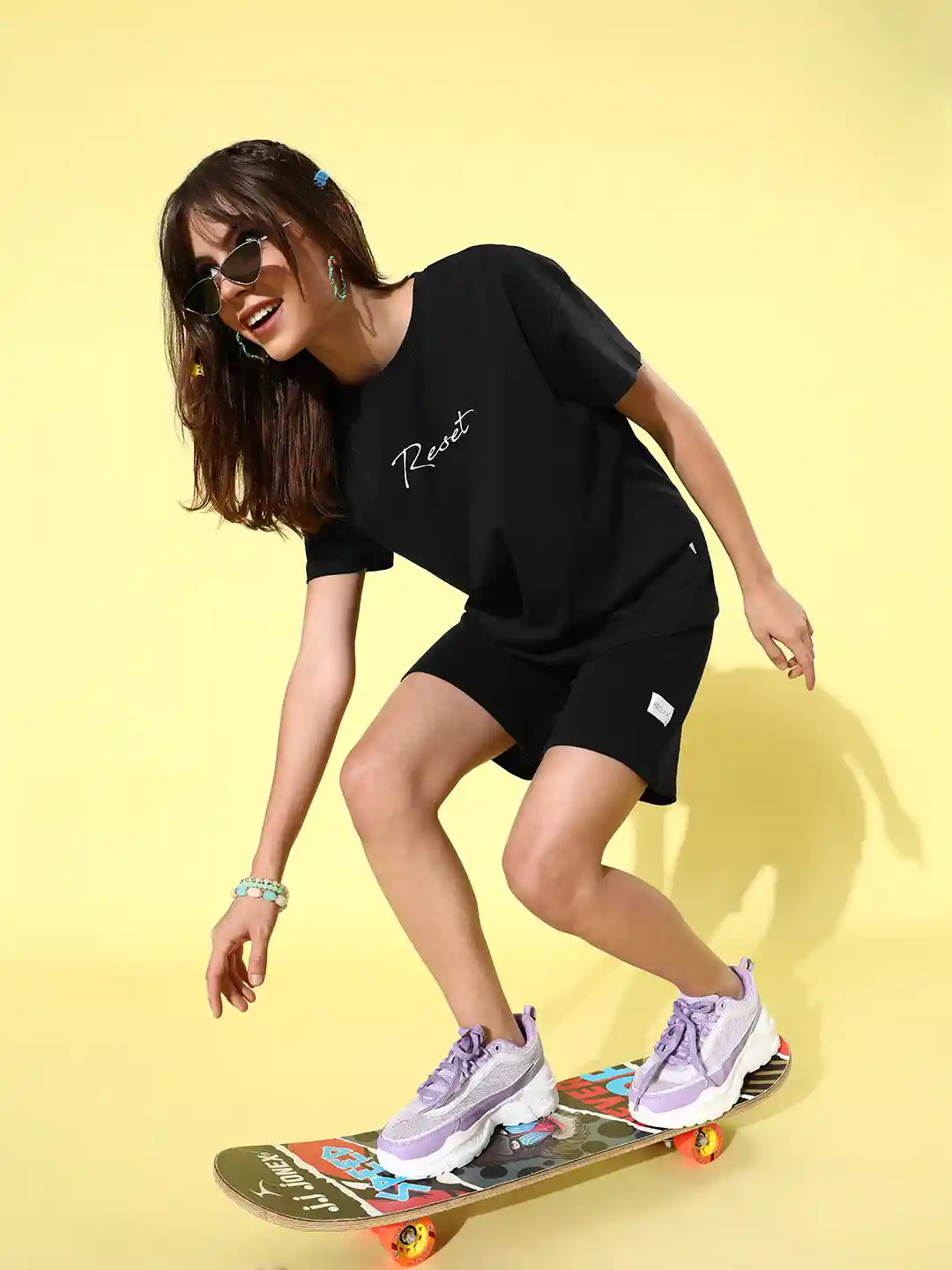 Buy Roadster Women Black Longline Oversized T-shirt with Shorts