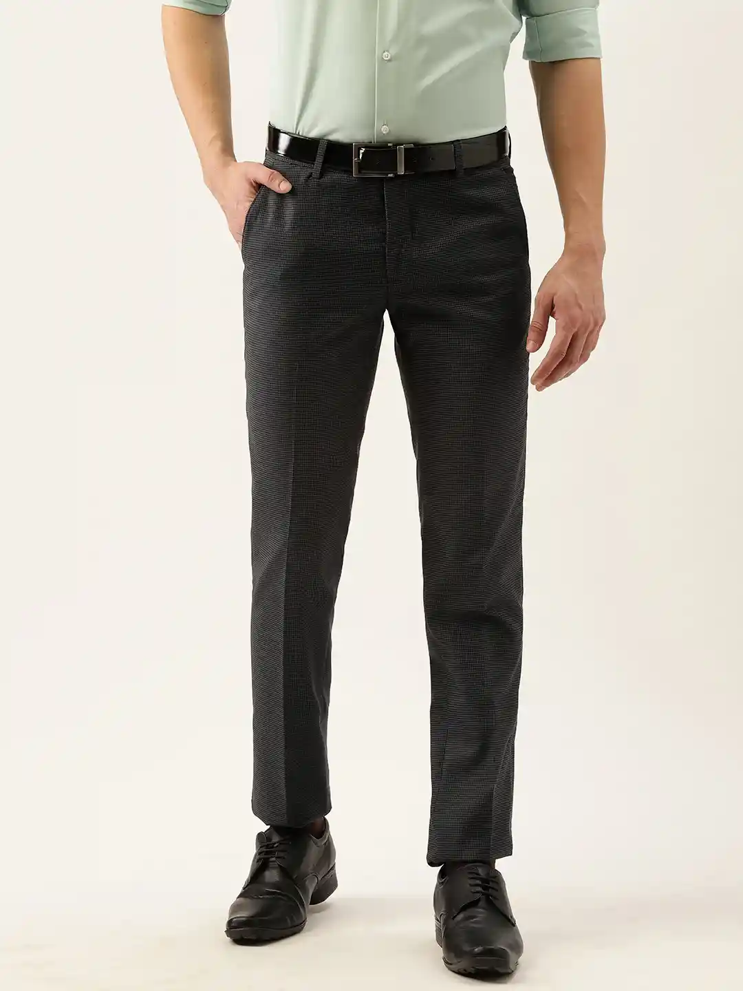 Buy Peter England Men Black White Checked Slim Fit Trousers