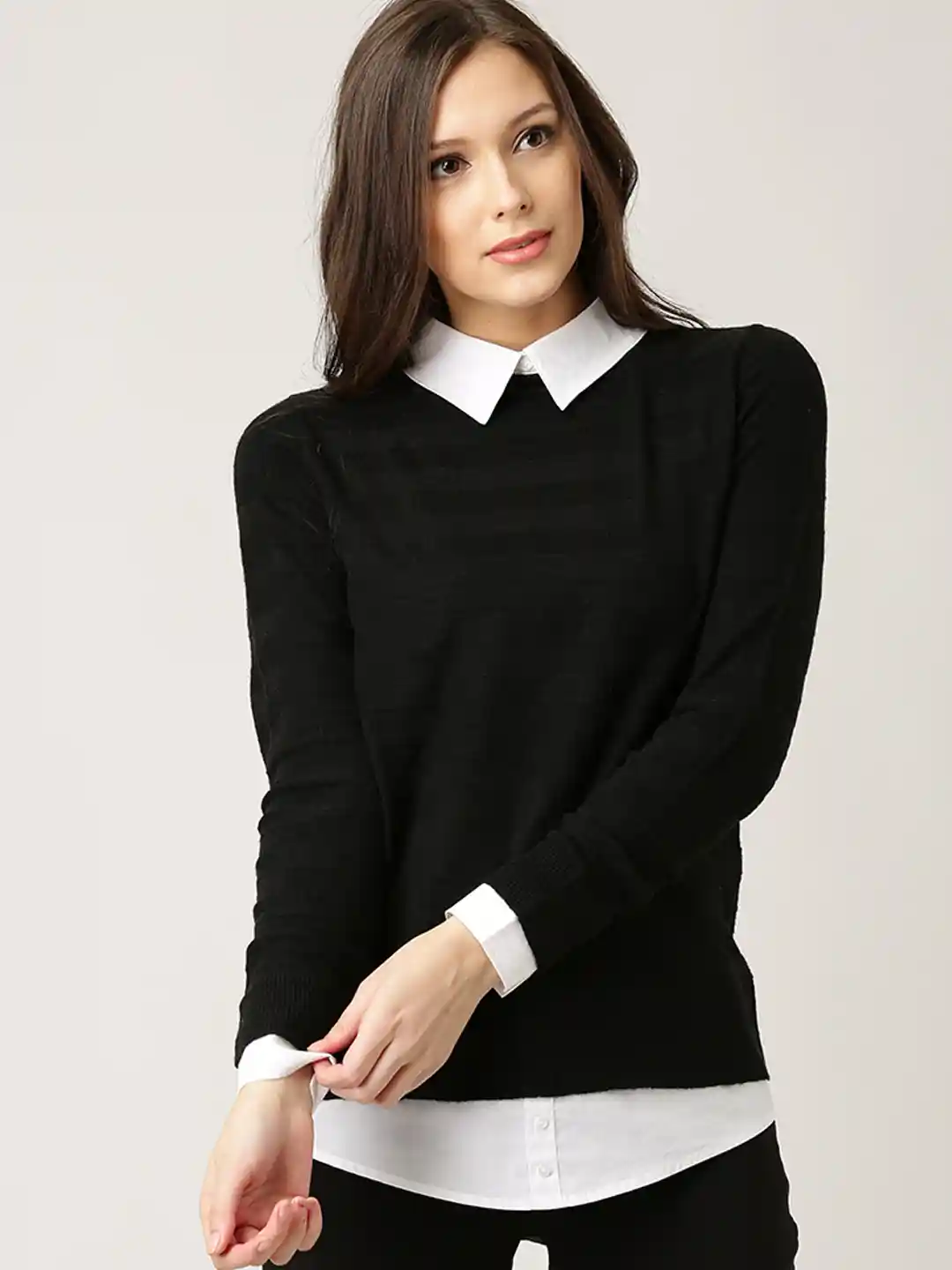 Buy ESPRIT Women Black Self-Striped Layered Sweater Sweaters for