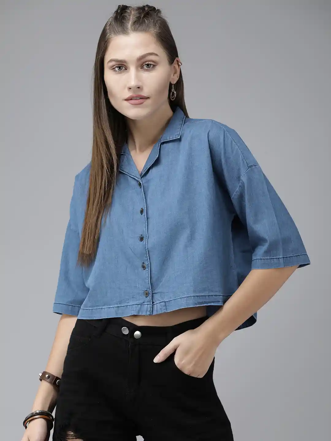 Casual Outfit Crop Denim Shirt The Roadster Lifestyle Co Women