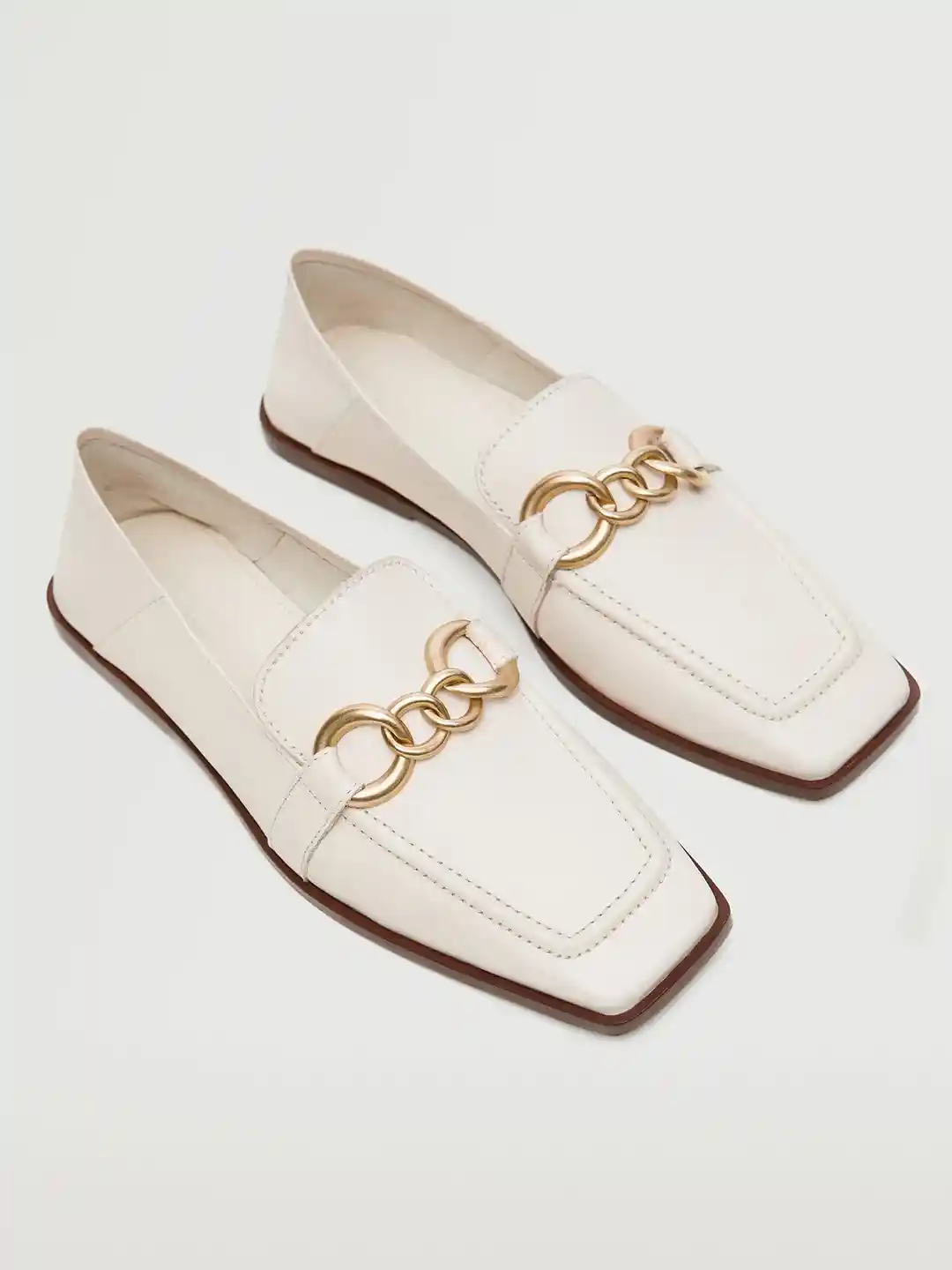 Buy MANGO Women Off White Gold-Toned Solid Leather Loafers