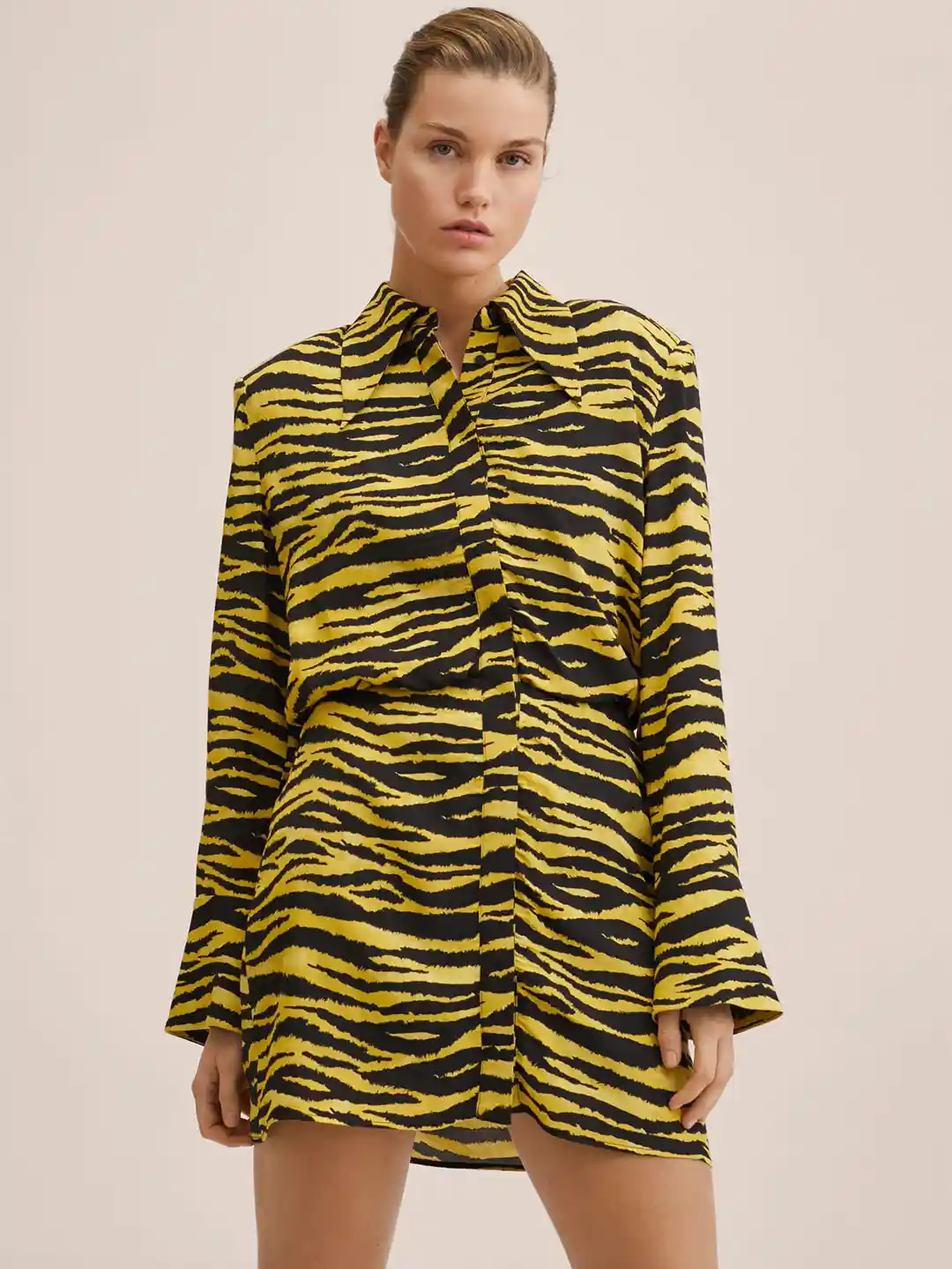 MANGO Women Yellow Black Zebra Print Shirt Mini Dress
