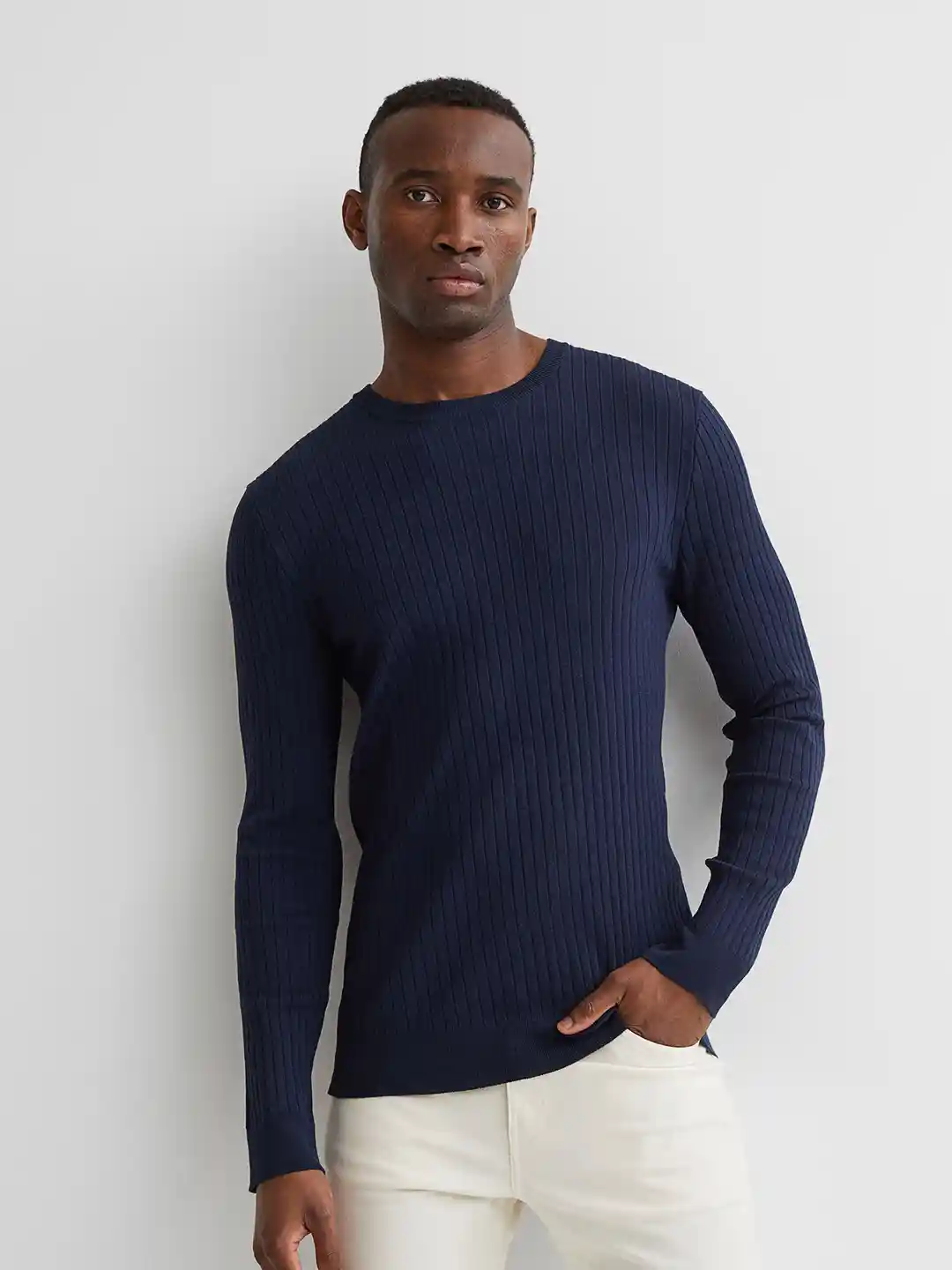 Buy H&M Men Blue Muscle Fit Fine-Knit Jumper Sweaters for Men