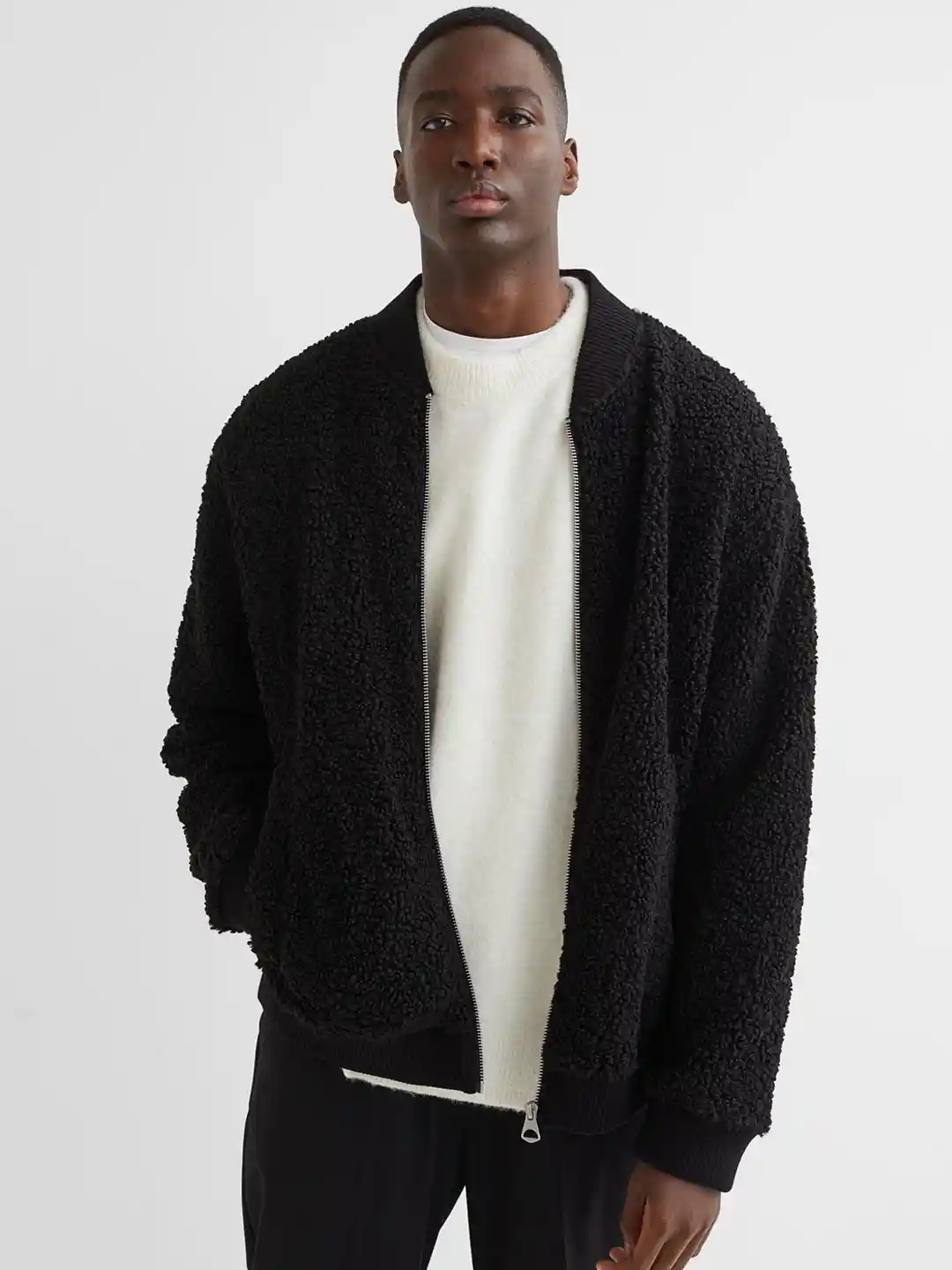 Buy H&M Men Black Solid Relaxed Fit Teddy Jacket Jackets for Men