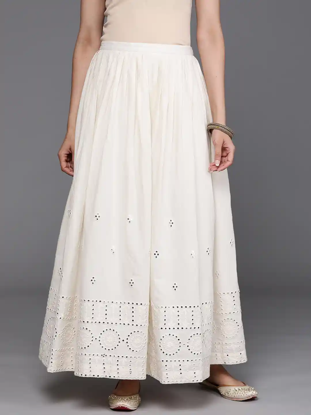 Buy Libas Women Off-White Cotton Schiffli Embroidered Pleated