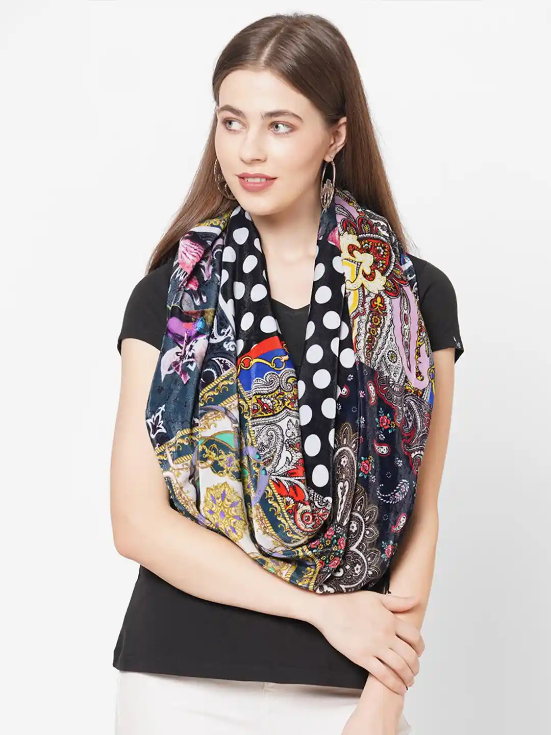 Cloth Haus India Women Black White Printed Velvet Scarf