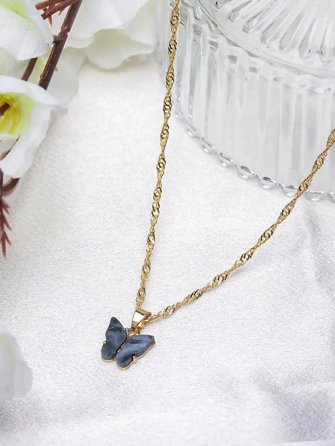 Buy POPLINS Gold-Plated Black Butterfly Pendant Necklace