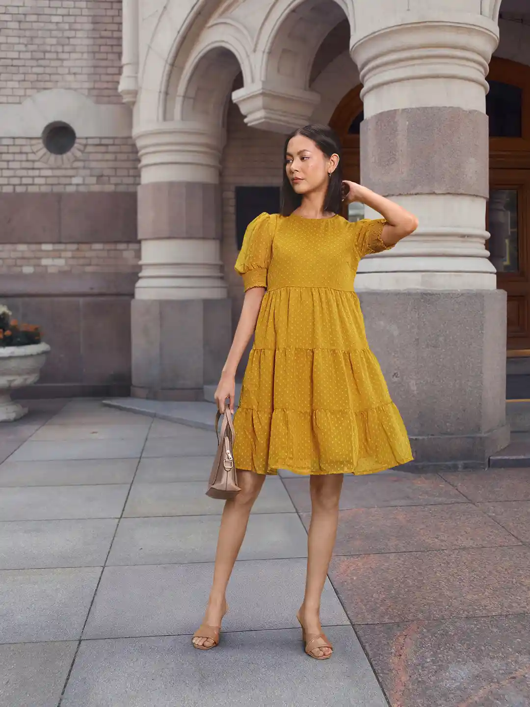 all about you Mustard Yellow Self-Design Puff Sleeves Puff Sleeves A-Line  Dress - Main Image